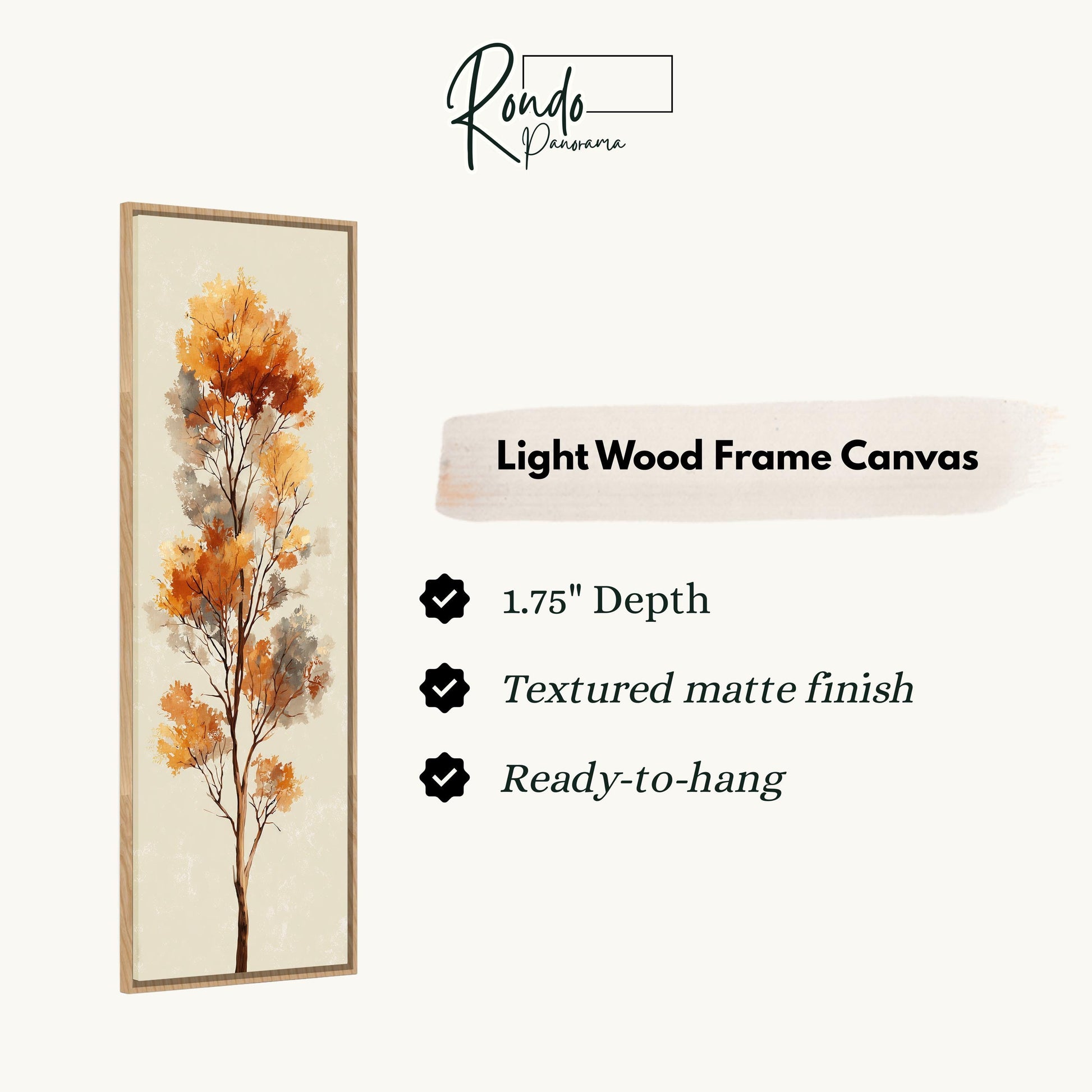 The image is a light wood frame canvas featuring a painting of a tree with orange leaves. The canvas has a 1.75" depth, is textured with a matte finish, and is ready to hang.