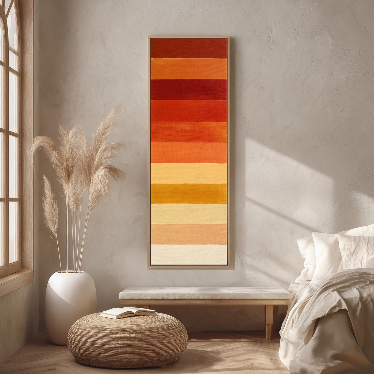 Horizontal stripes from rust to mustard and cream long vertical canvas print in a bright reading corner