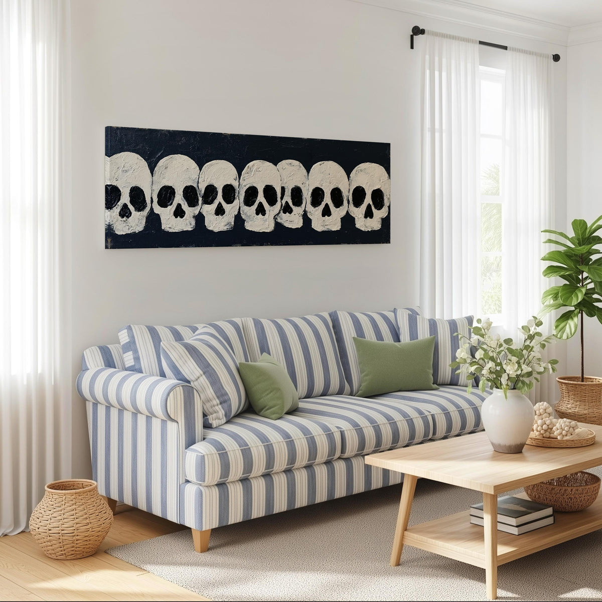 Row of white skulls on navy long horizontal canvas print above a striped sofa in a coastal living room