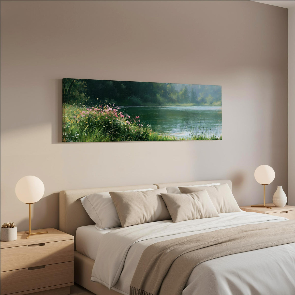 Pink wildflowers on a green lakeshore wide panoramic canvas print above a bed in a neutral bedroom