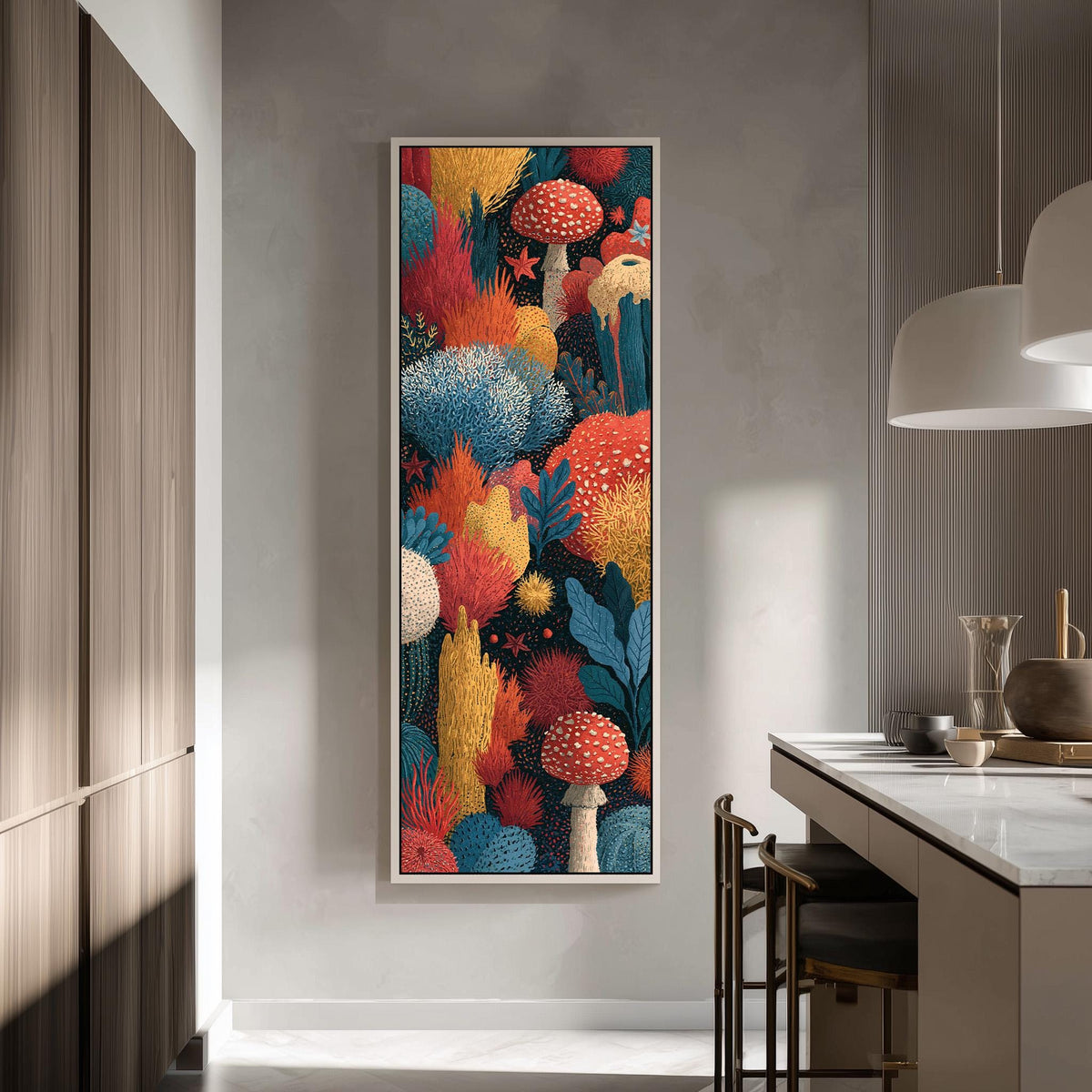 Jewel toned coral reef and toadstool garden tall skinny canvas print in a modern kitchen