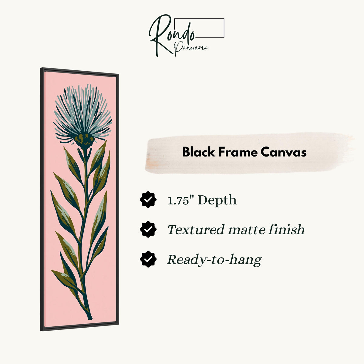 Blue thistle flower on blush pink canvas print in a black floating frame