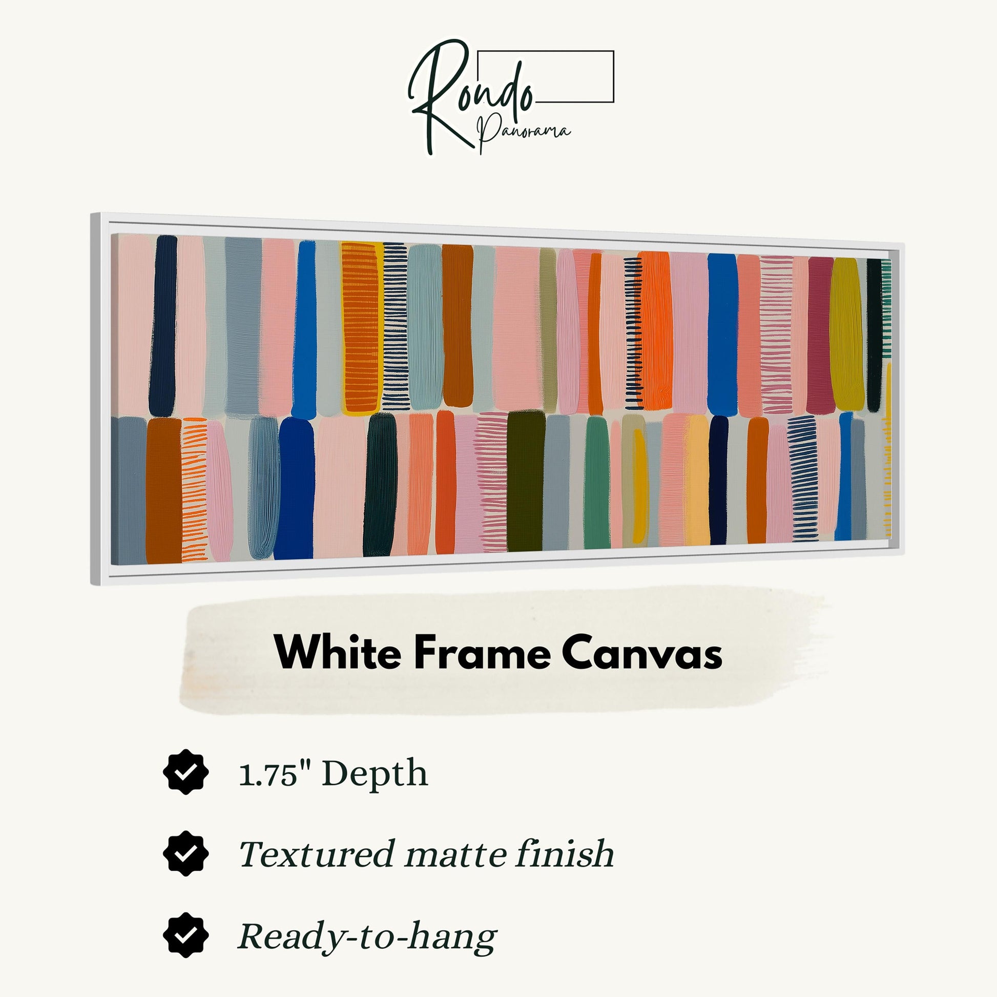 The image is a white frame canvas with a colorful abstract design featuring vertical lines in various shades of pink, orange, green, blue, and purple.