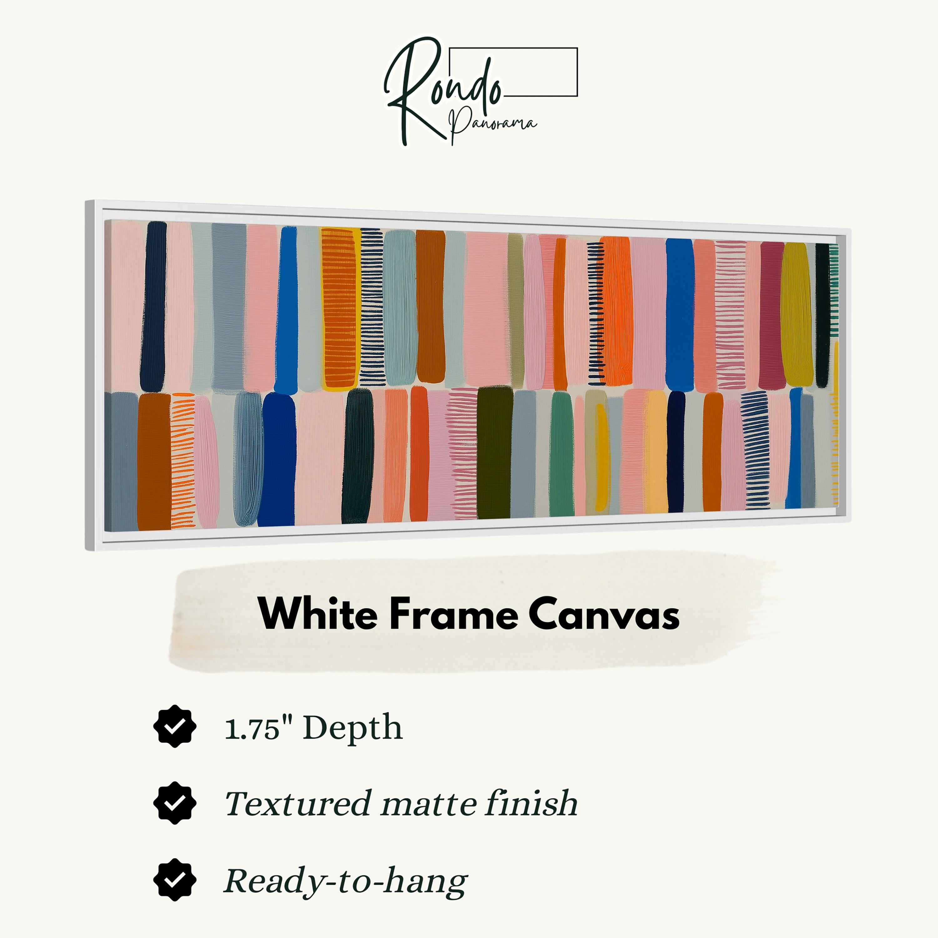 The image is a white frame canvas with a colorful abstract design featuring vertical lines in various shades of pink, orange, green, blue, and purple.