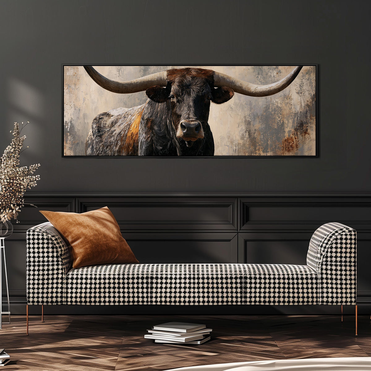 Longhorn bull portrait wide panoramic canvas print above a bench in a dark living room