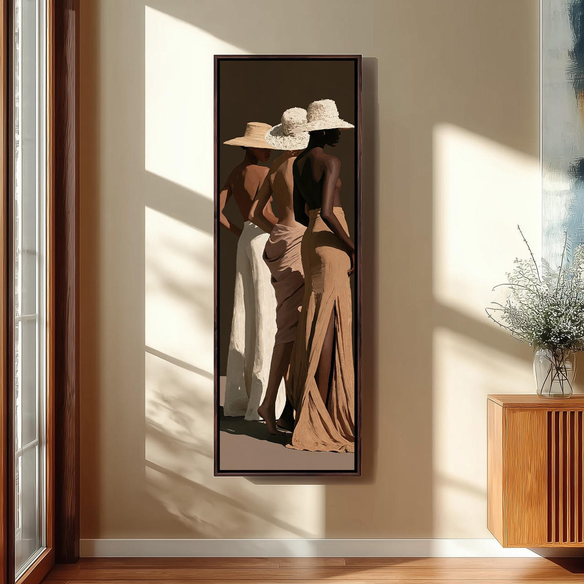 Three women in sun hats and evening gowns long vertical canvas print in a sunlit living space