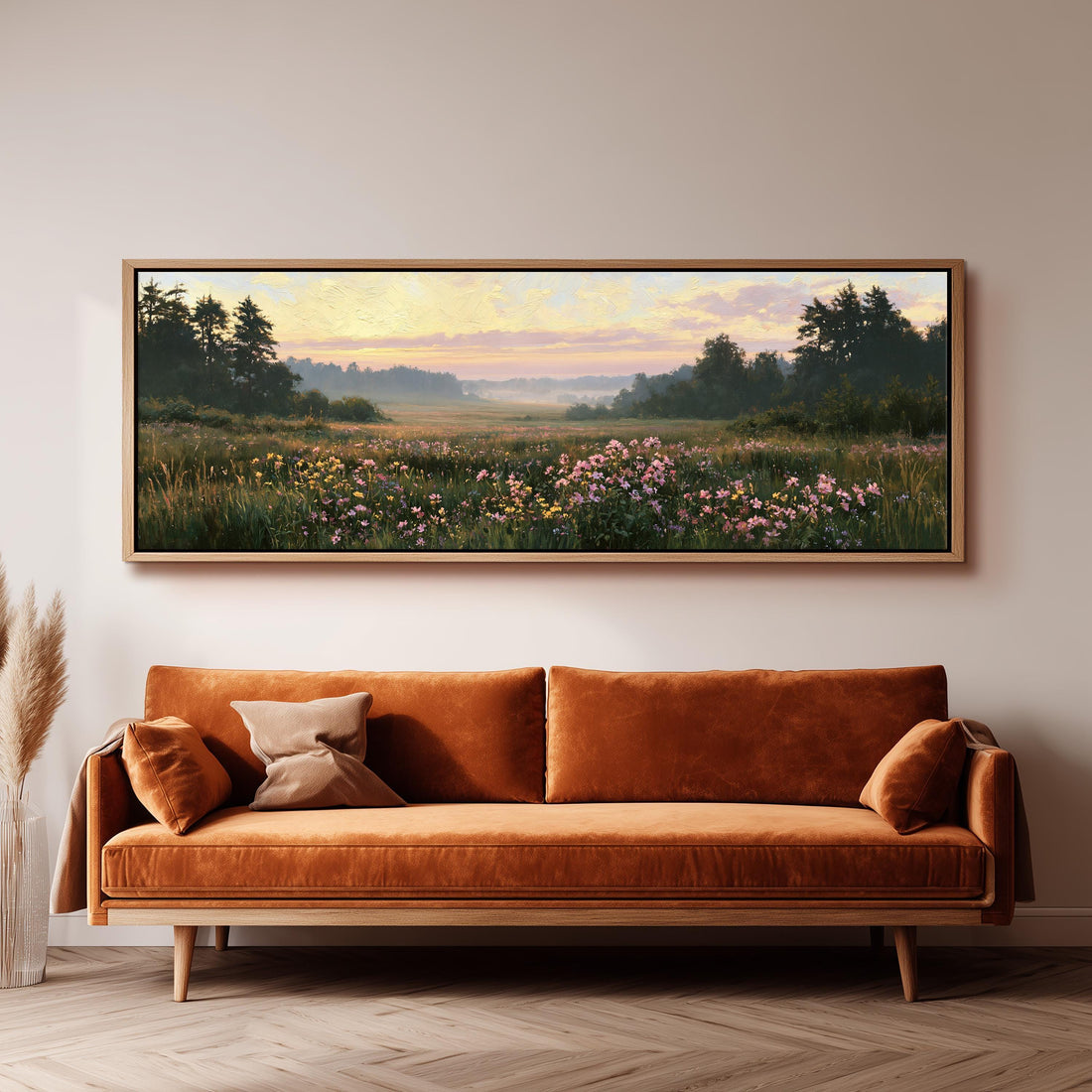 Pink wildflower hills at dusk long horizontal canvas print above a sofa in a living room