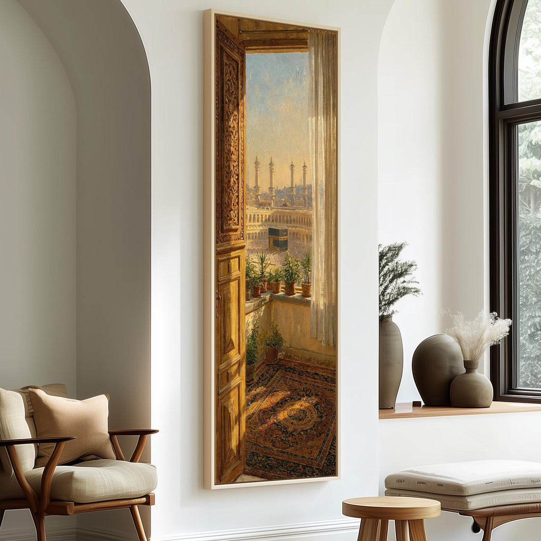 View of Mecca from an ornate window long vertical canvas print in a sunlit living space