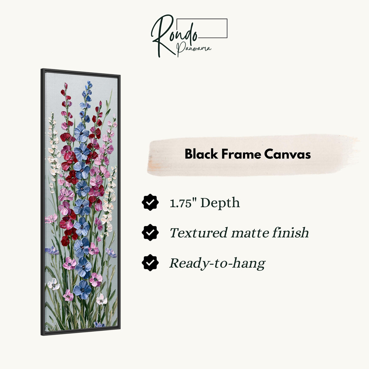 Tall delphinium flower stalks canvas print in a black floating frame