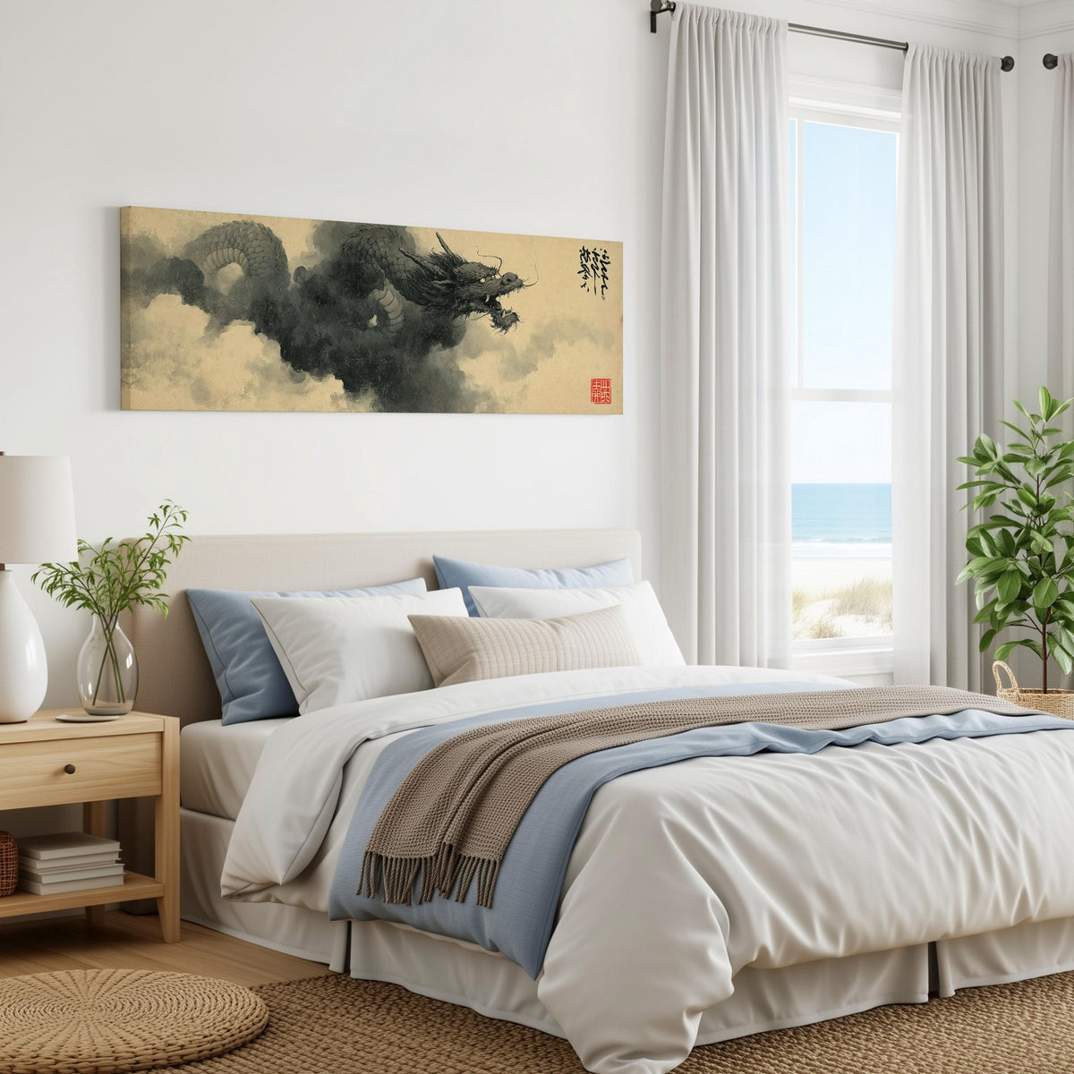 Storm dragon emerging from ink clouds long horizontal canvas print displayed on a wall