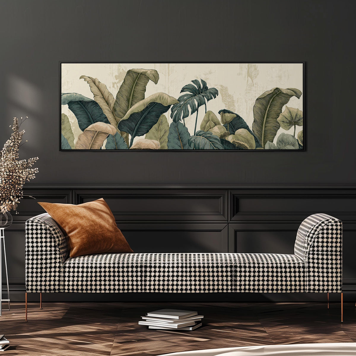 Vintage tropical leaves wide panoramic canvas print above a bench in a dark living room