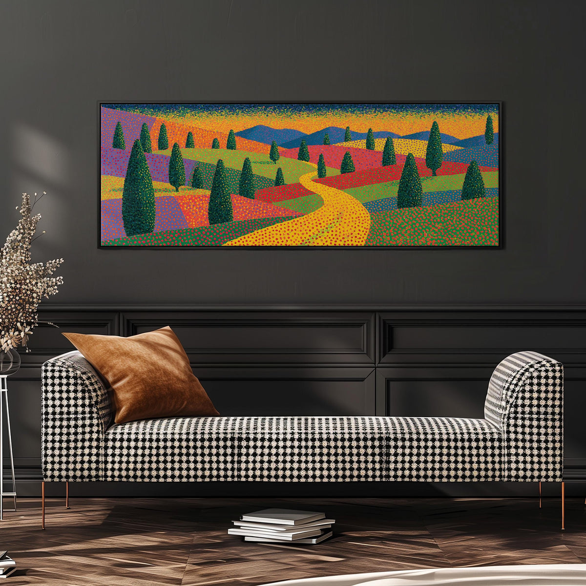 Cypress valley with a winding road wide panoramic canvas print above a bench in a dark living room