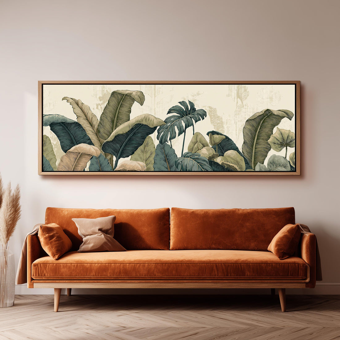 Vintage tropical leaves long horizontal canvas print above a sofa in a living room