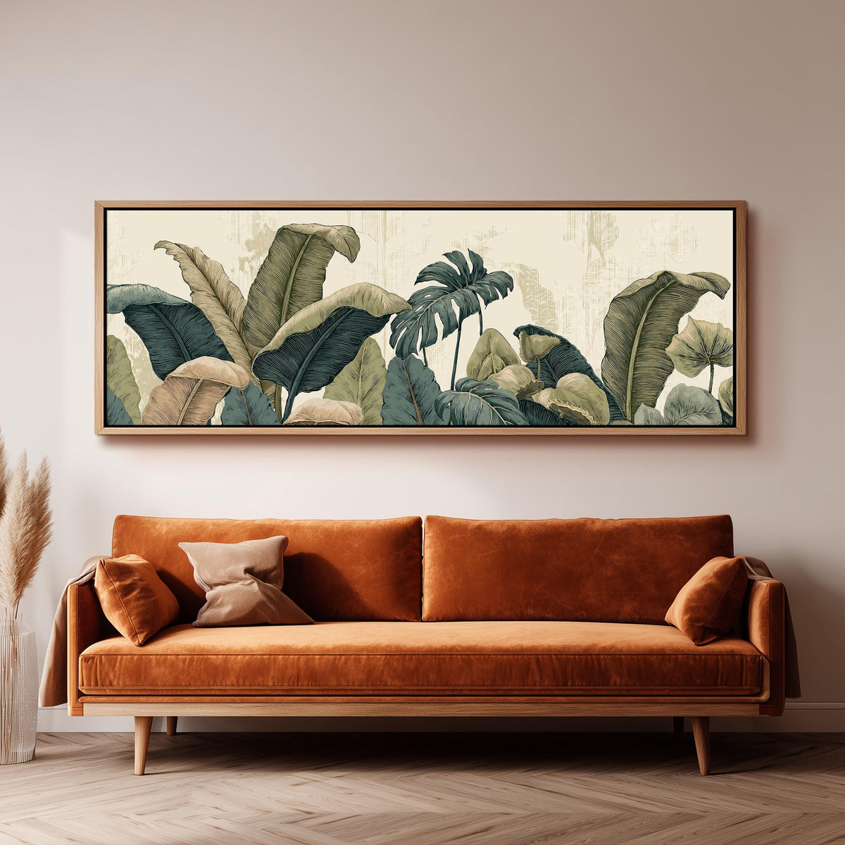 Vintage tropical leaves panoramic canvas print above a sofa in a living room