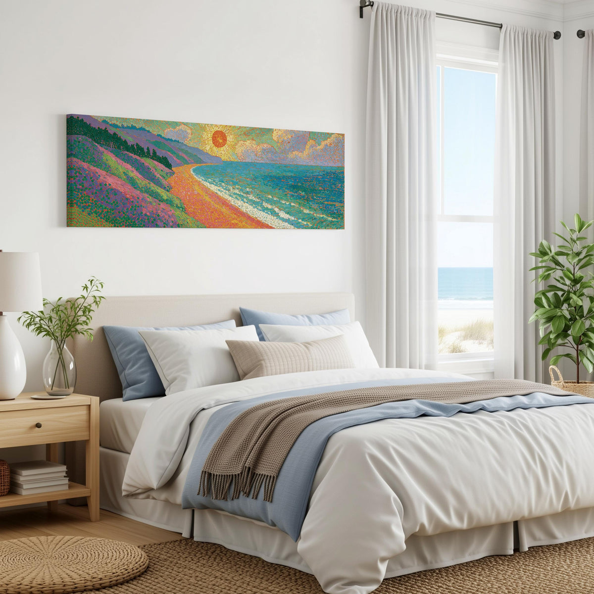 Coastal cliffs at sunset panoramic canvas print above a bed in a coastal bedroom
