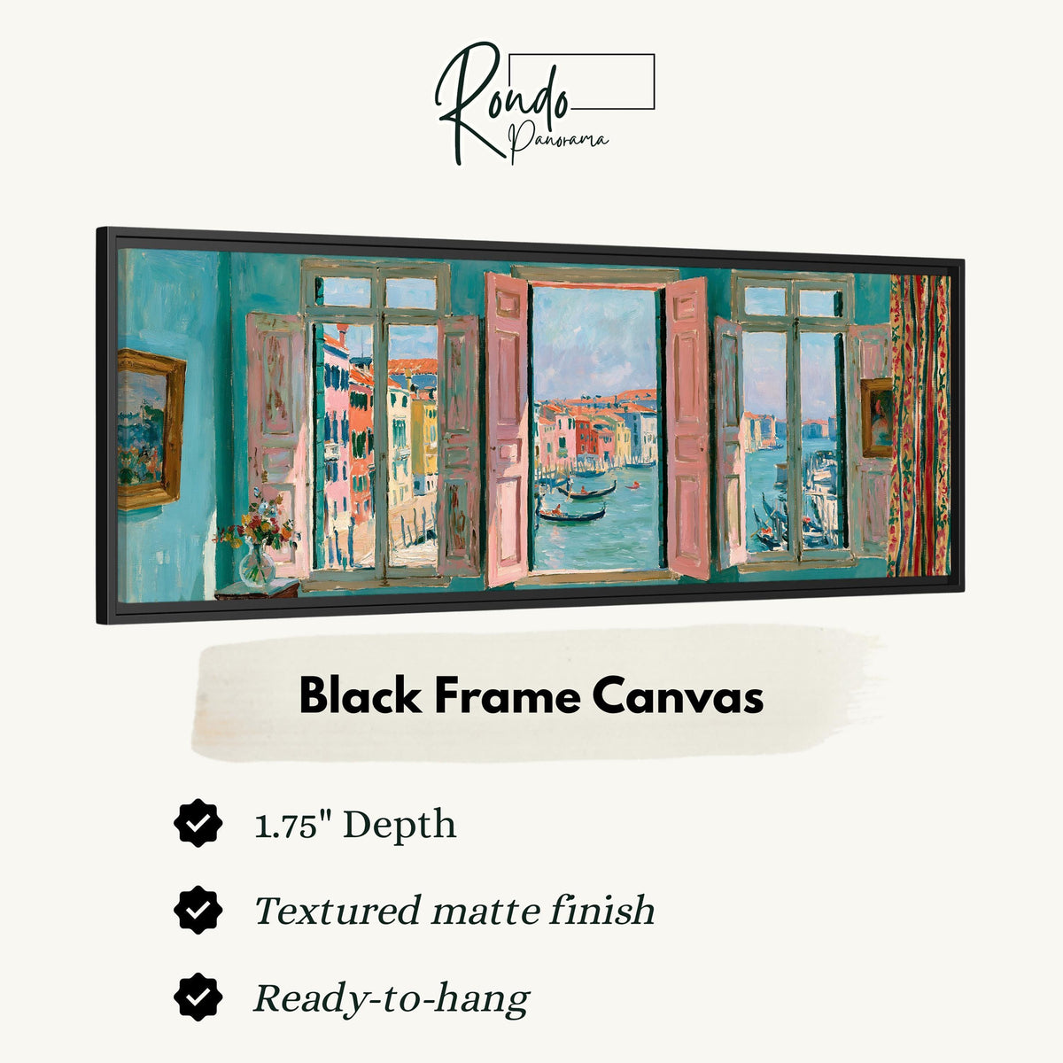 Venice canal and gondolas through a window canvas print in a black floating frame
