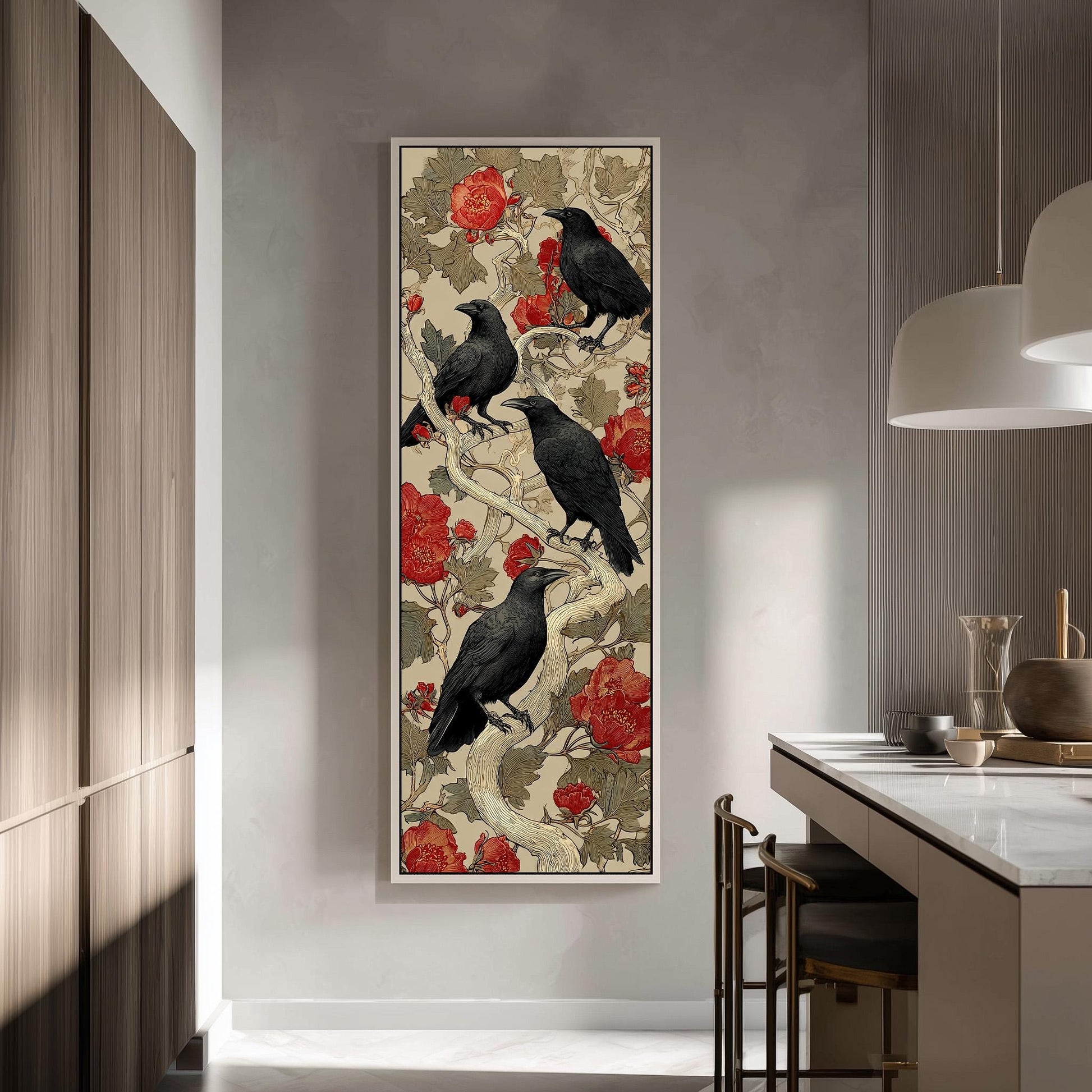 a large framed artwork of black crows perched on branches with red flowers, hanging on a wall in a modern kitchen.
