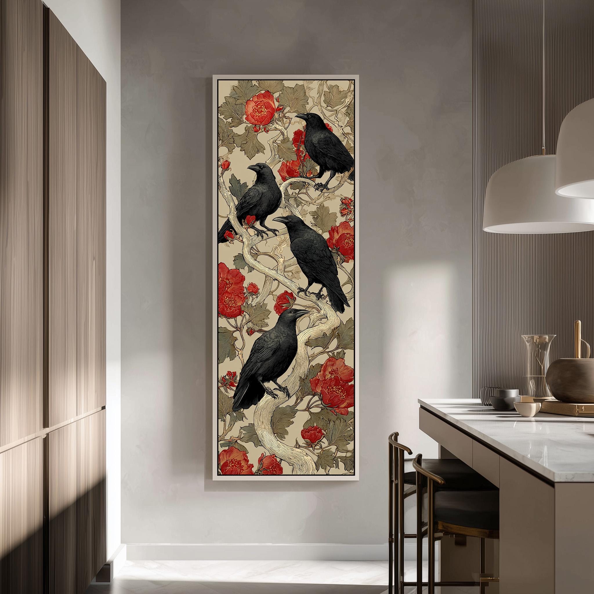 a large framed artwork of black crows perched on branches with red flowers, hanging on a wall in a modern kitchen.