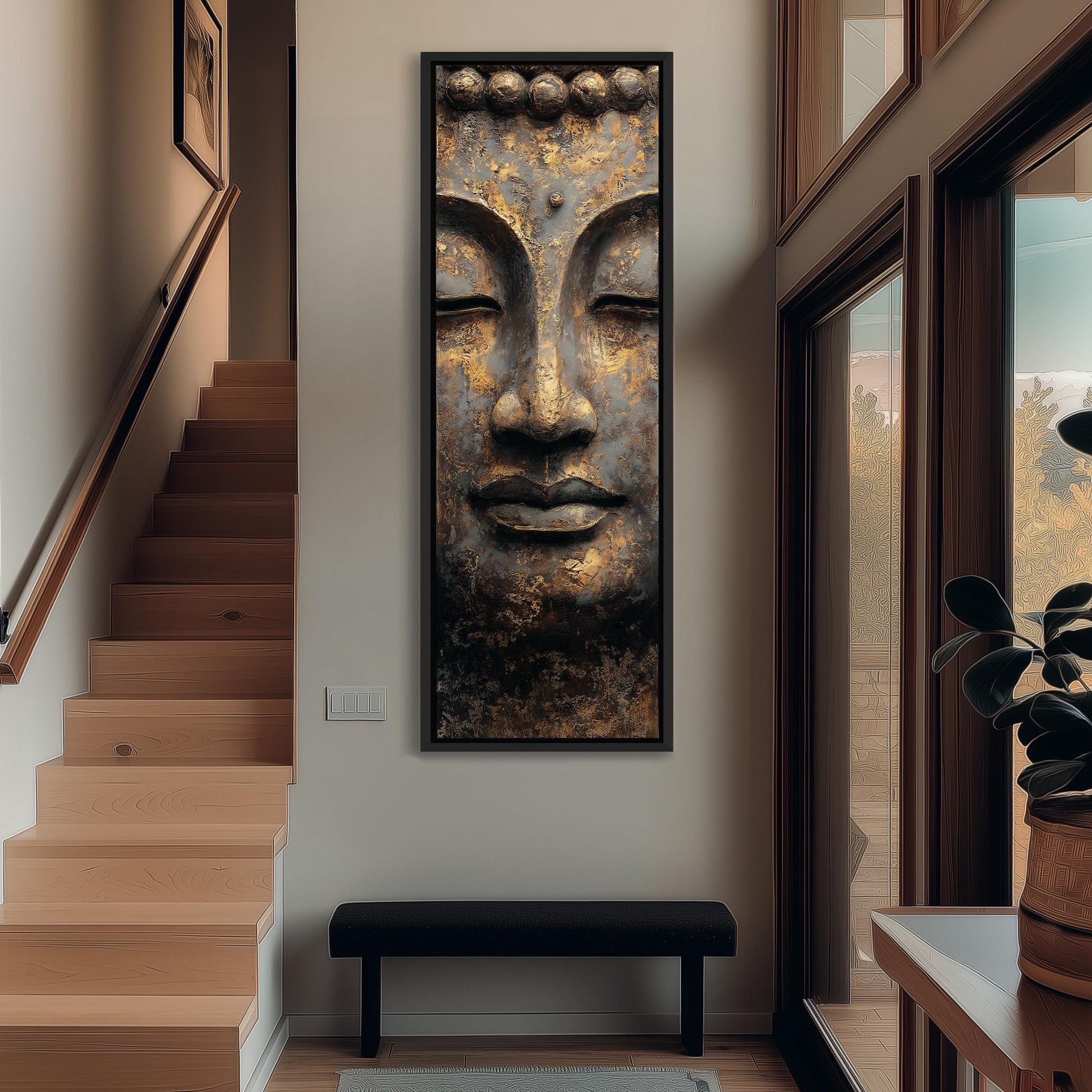 a large, ornate Buddha sculpture mounted on the wall, with a wooden staircase and a bench in the foreground.