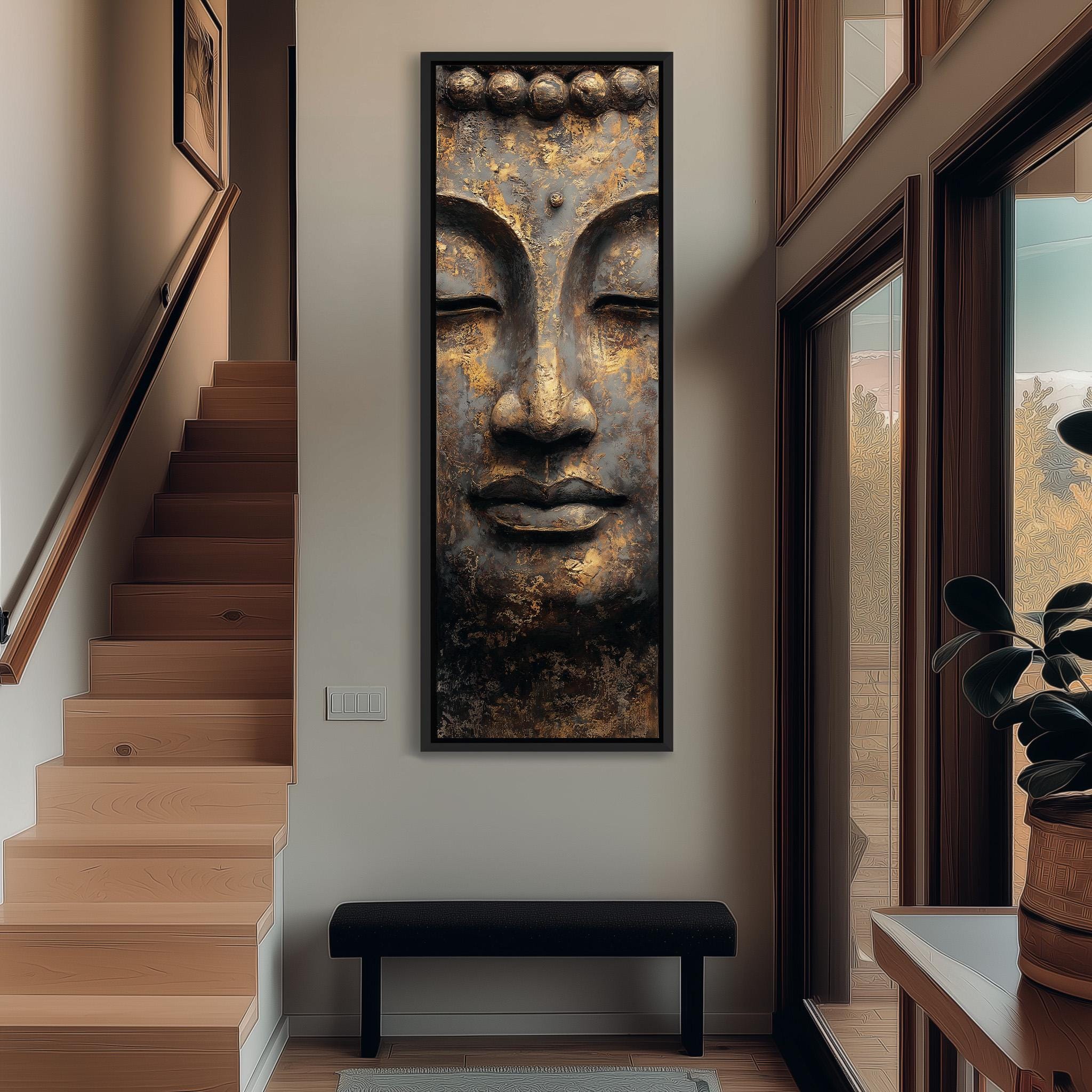a large, ornate Buddha sculpture mounted on the wall, with a wooden staircase and a bench in the foreground.