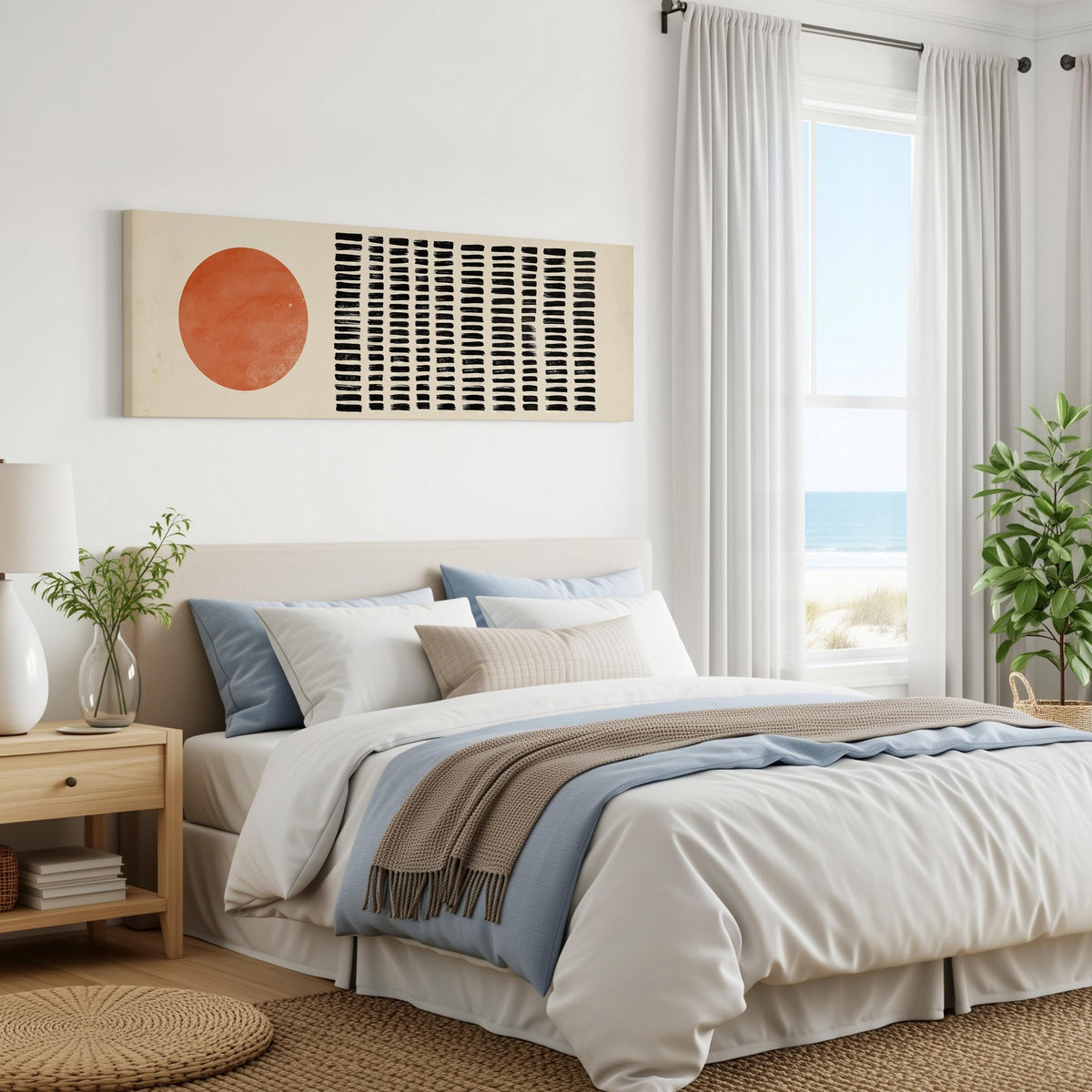 Orange sun beside rows of black dashes panoramic canvas print above a bed in a coastal bedroom