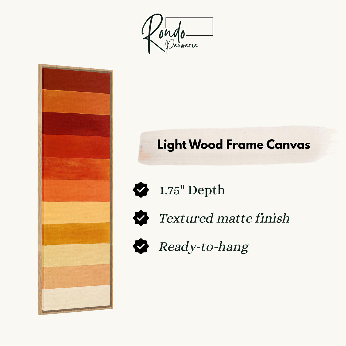 Horizontal stripes from rust to mustard and cream canvas print in a light wood floating frame