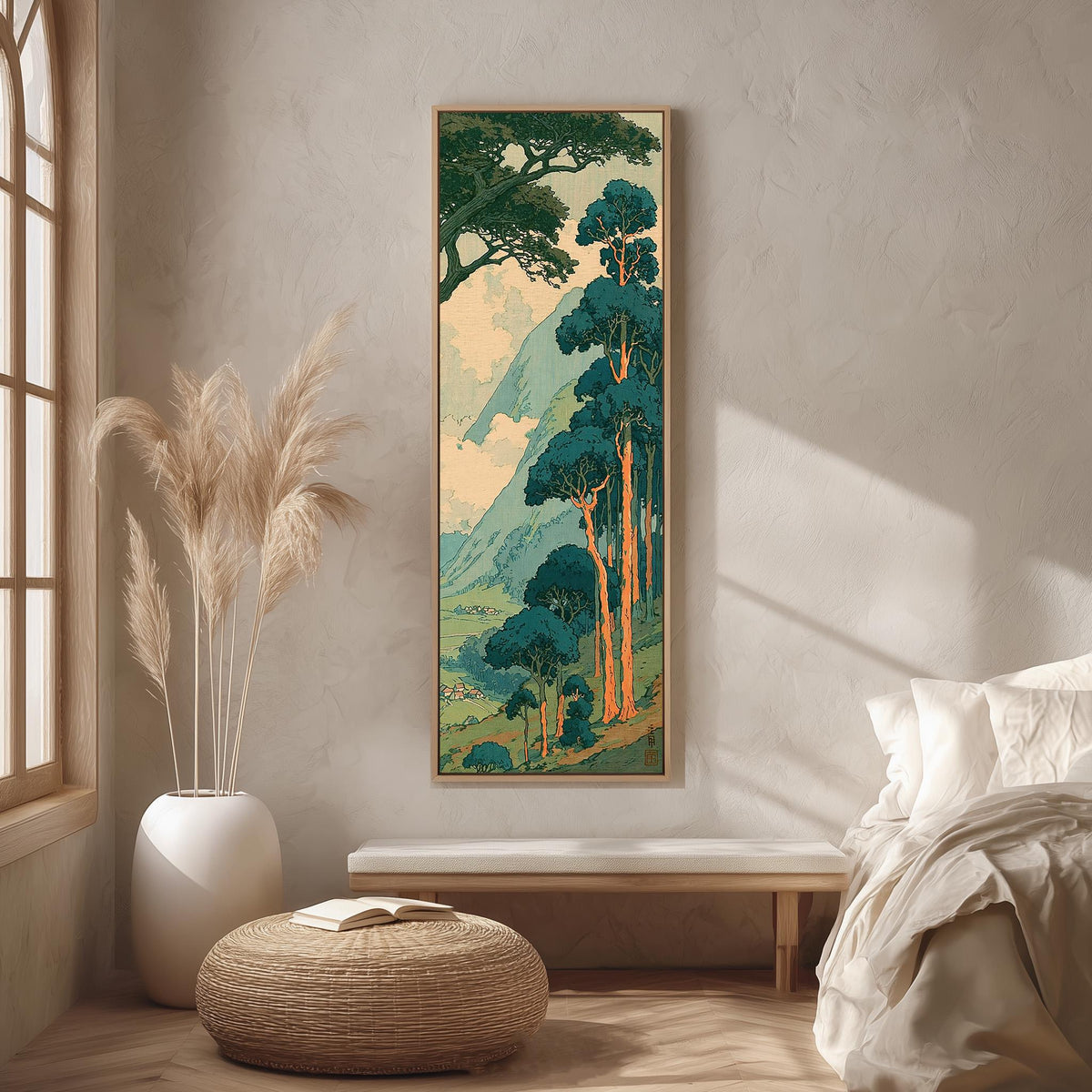 Pine trees above a misty valley in a woodblock style long vertical canvas print in a bright reading corner