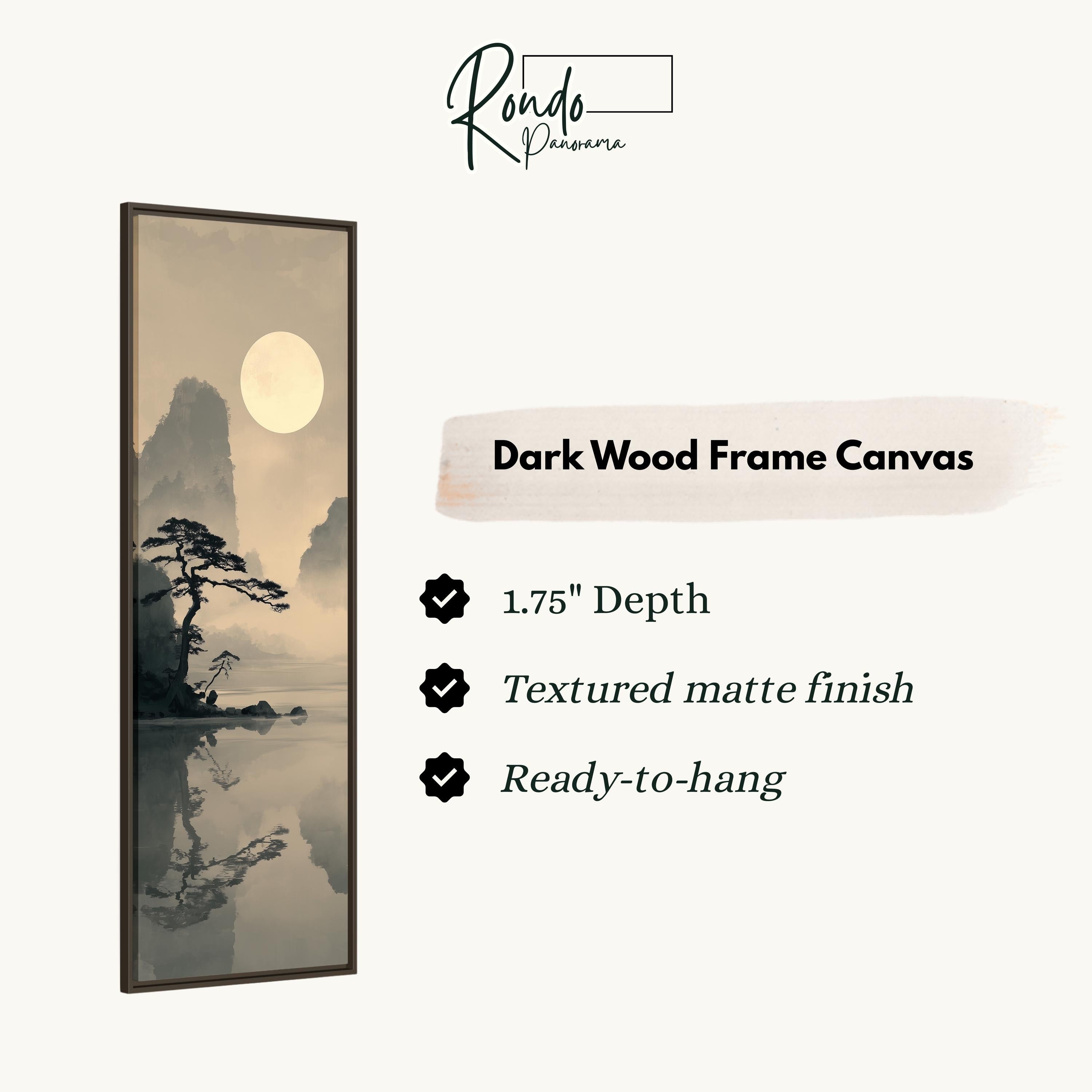 The image is a dark wood frame canvas depicting a serene landscape with a tree and a body of water reflecting the moon.
