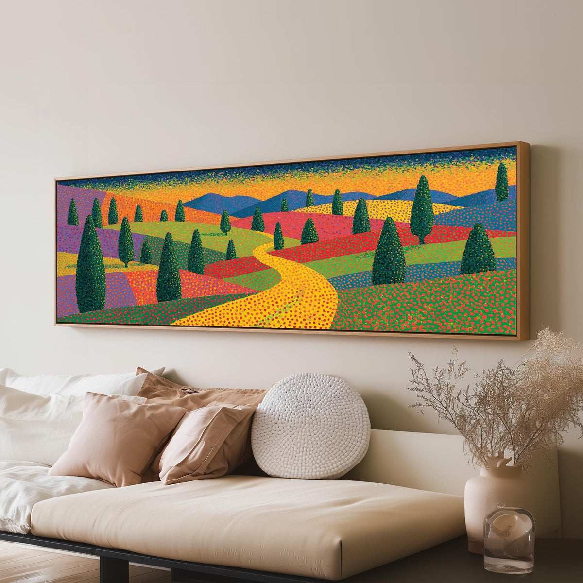 Cypress valley with a winding road long horizontal canvas print above a sofa in a living room