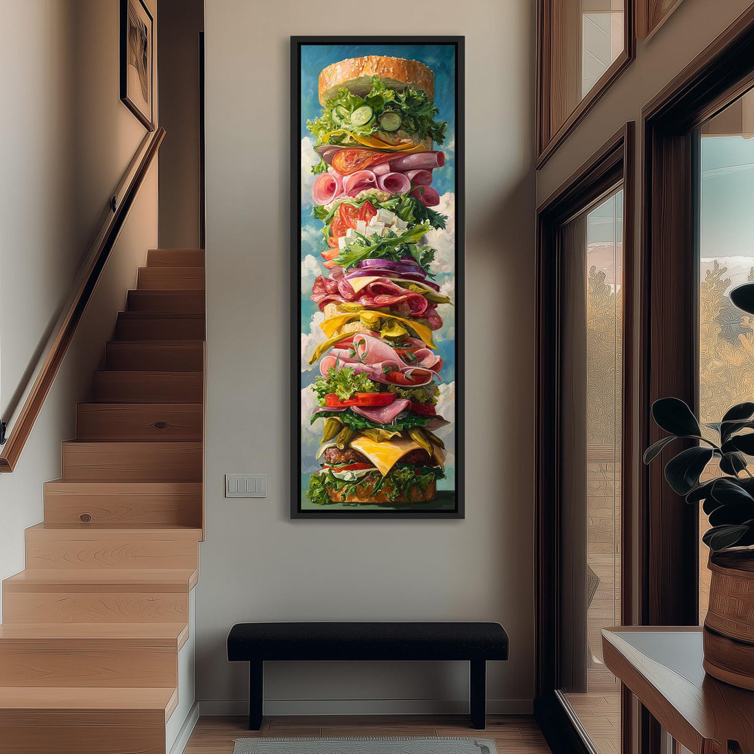 A large, colorful painting depicting a towering stack of various food items, including a sandwich, vegetables, and other ingredients, set against a bright, sunny background.