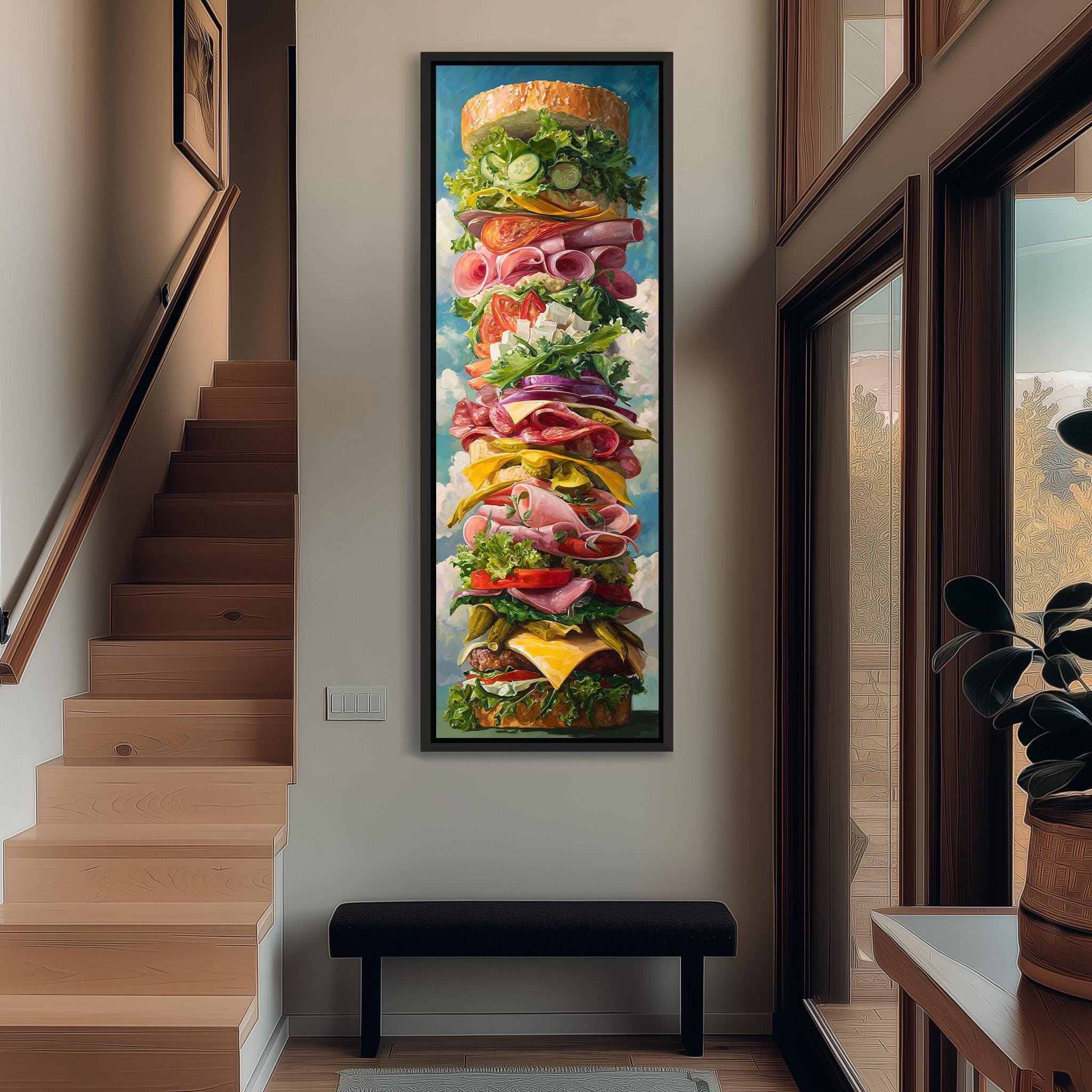 a large, colorful painting of a sandwich on a wall, with various layers of ingredients such as lettuce, tomato, cheese, and meat.