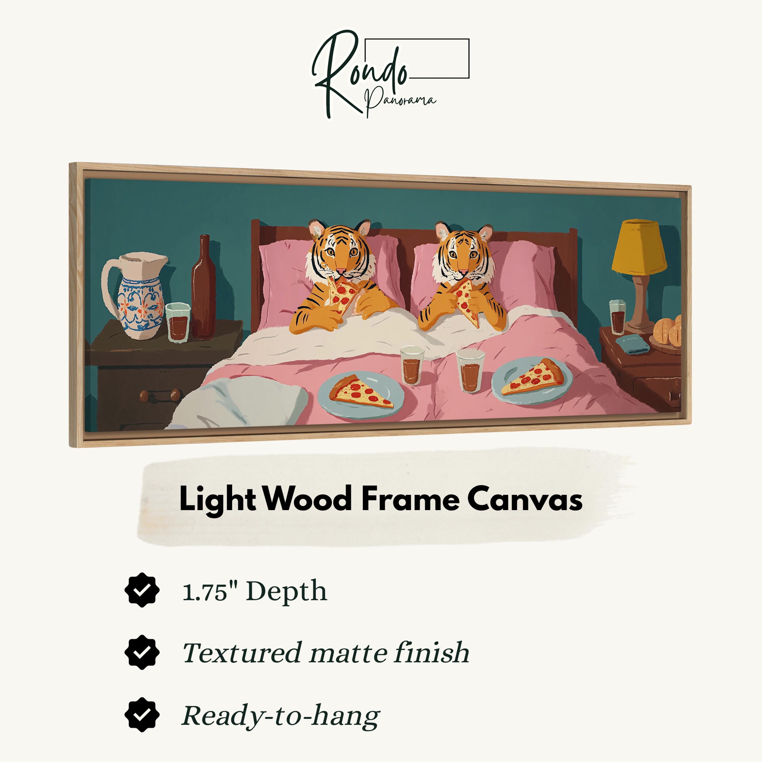 The image is a light wood frame canvas depicting two cartoon tiger characters sitting on a bed, with plates of pizza in front of them.