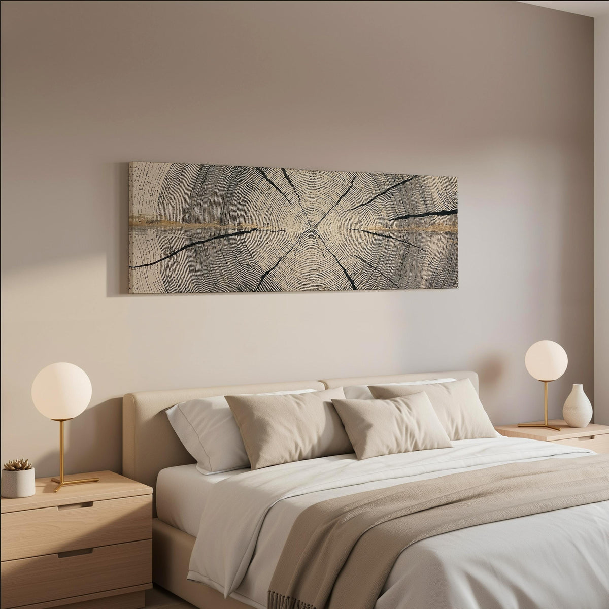 Pale gold wood ring wide panoramic canvas print above a bed in a neutral bedroom