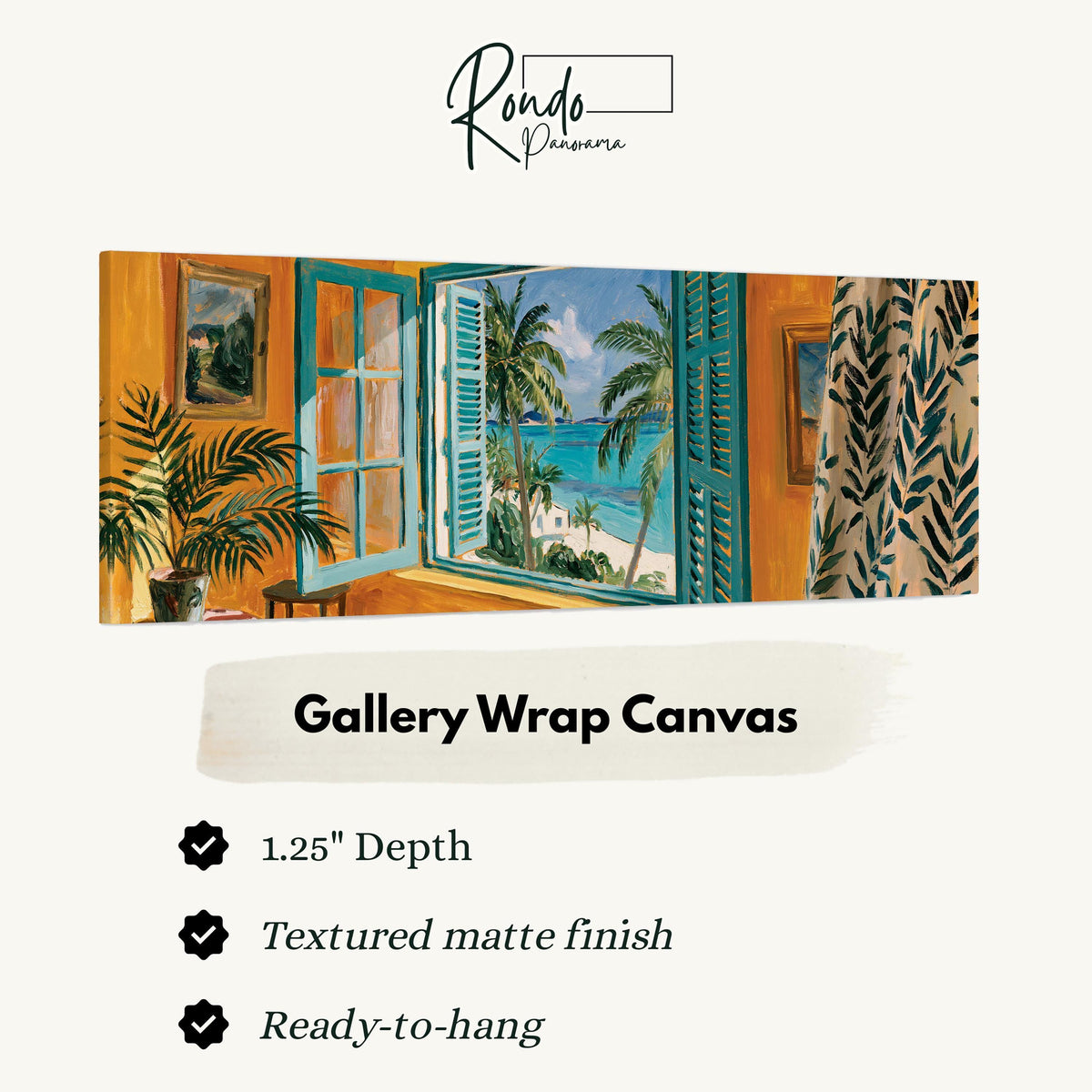Beach house window overlooking palms and sea gallery wrap canvas with the image wrapped around the edges