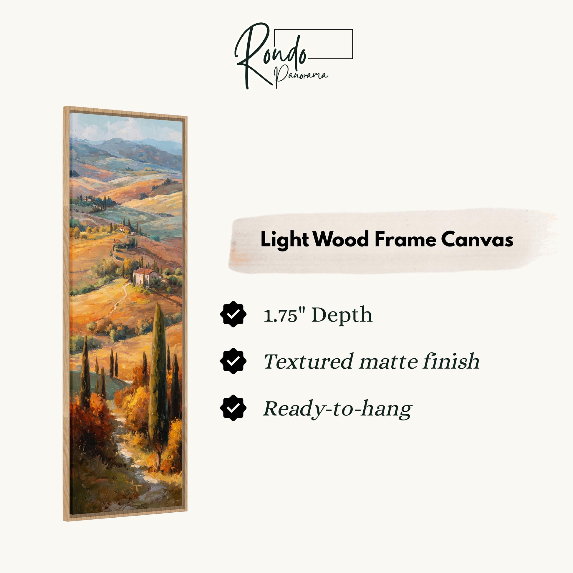 The image is a light wood frame canvas depicting a scenic countryside landscape with rolling hills, trees, and a winding path.