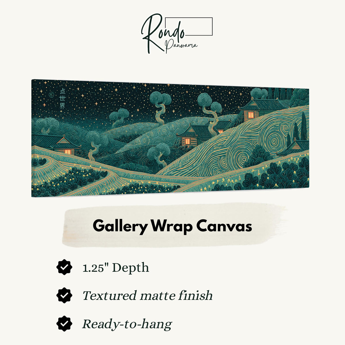 Village on swirling hills at night gallery wrap canvas with the image wrapped around the edges