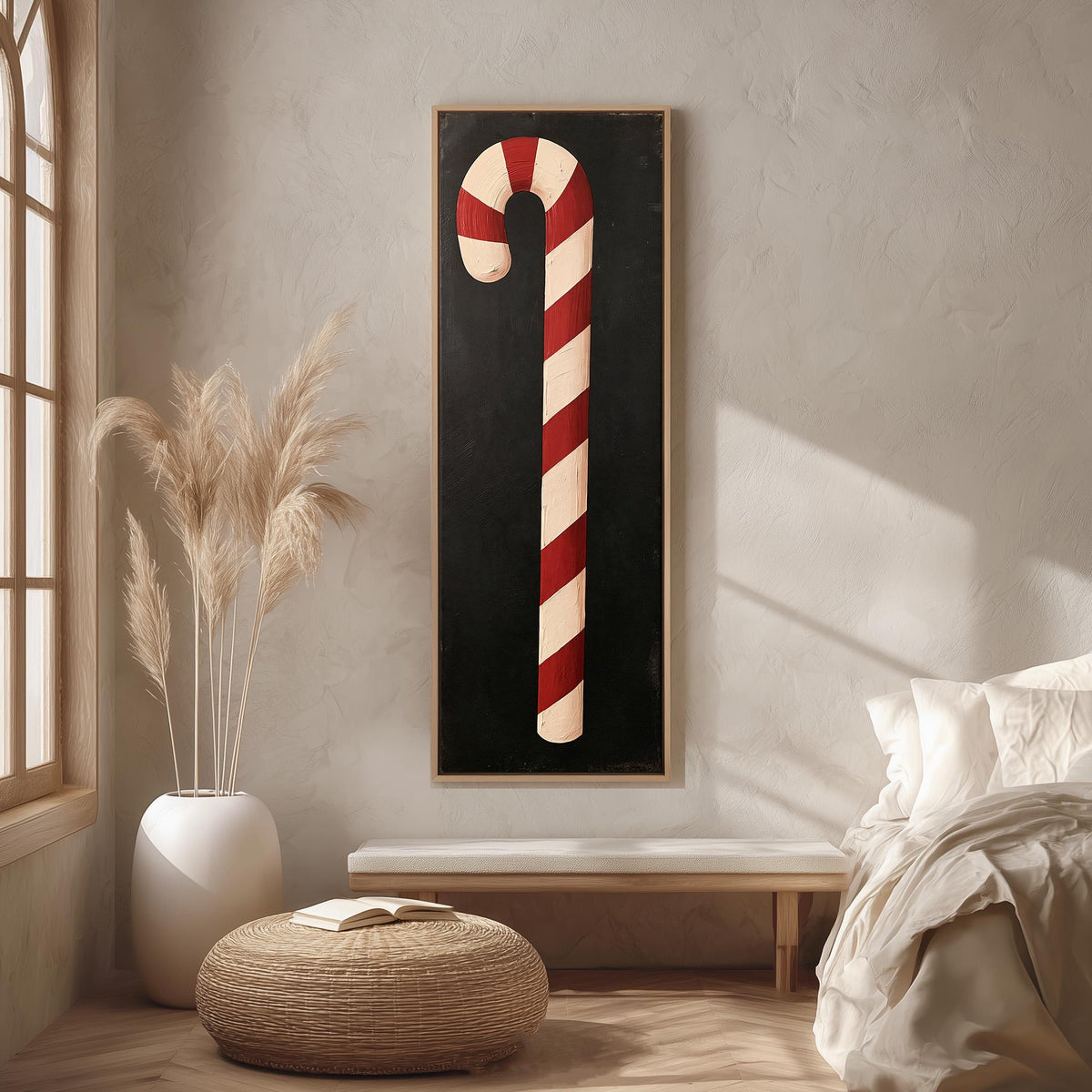 Single candy cane on black long vertical canvas print in a bright reading corner