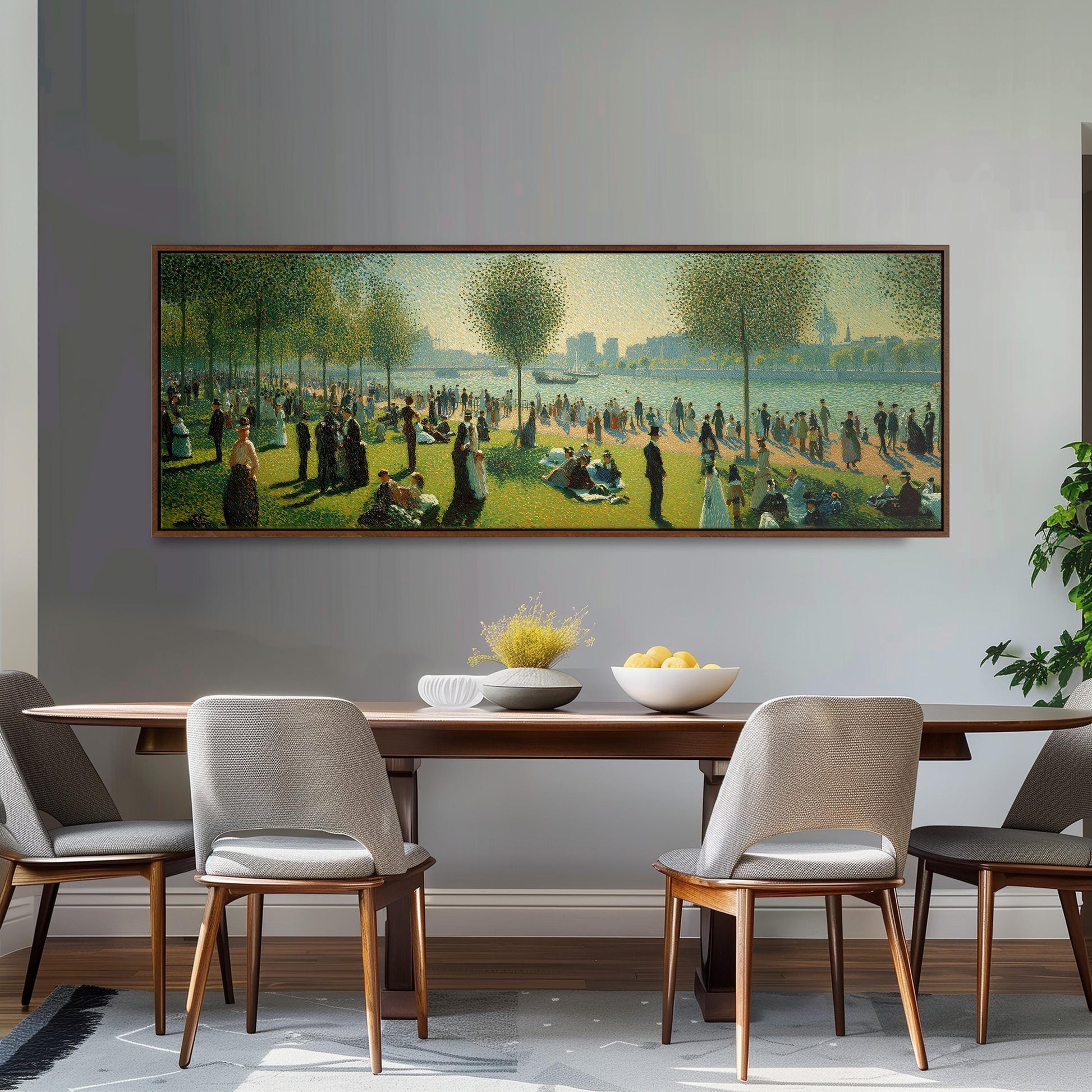 a large painting of a park scene hanging on a wall above a wooden dining table with four chairs.