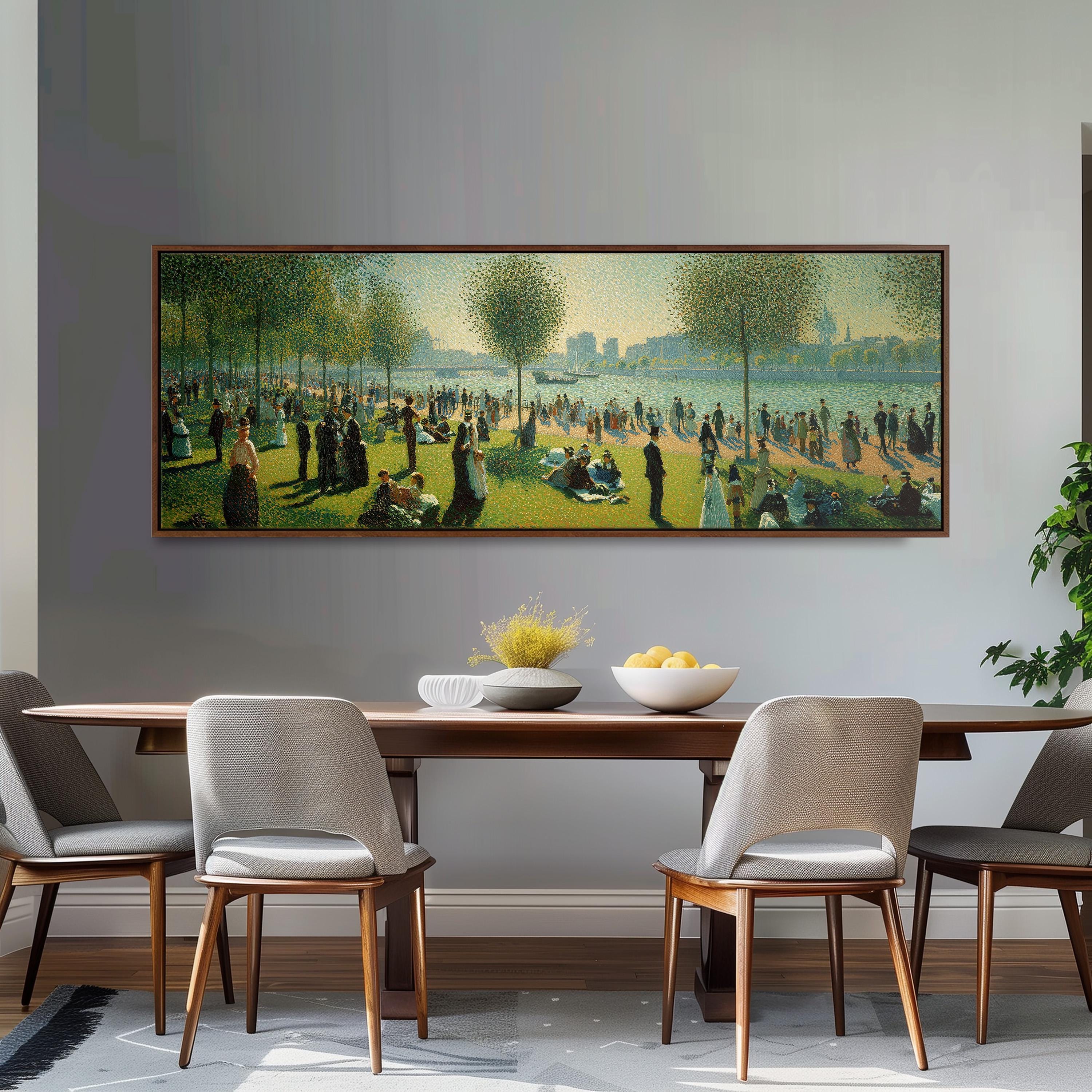 a large painting of a park scene hanging on a wall above a wooden dining table with four chairs.