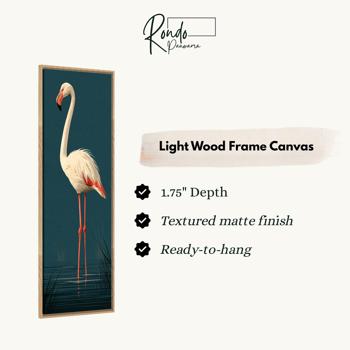 Pale flamingo standing on dark teal canvas print in a light wood floating frame