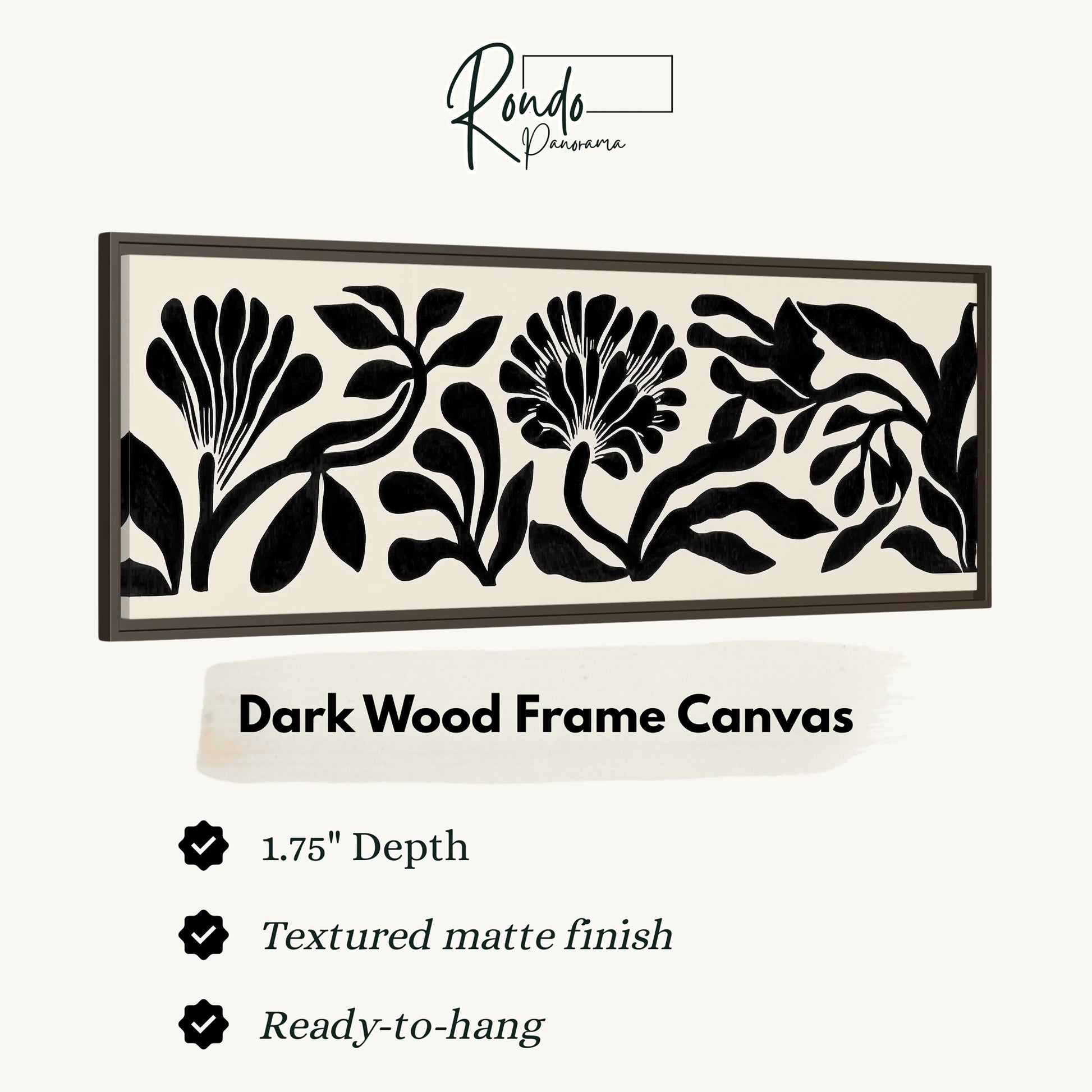 a dark wood frame canvas with a floral design, and it is described as a 1.75" depth canvas with a textured matte finish and a ready-to-hang feature.
