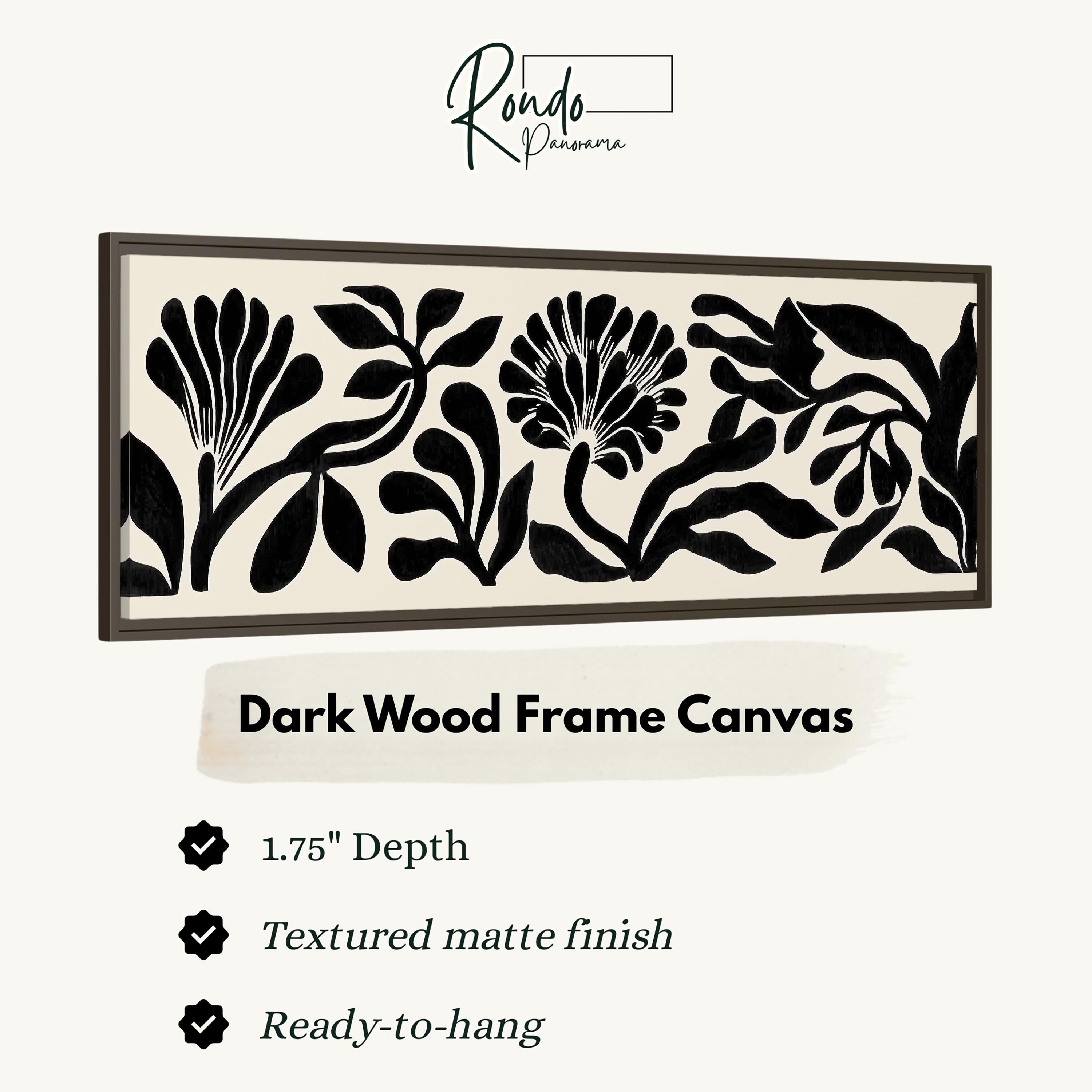 a dark wood frame canvas with a floral design, and it is described as a 1.75" depth canvas with a textured matte finish and a ready-to-hang feature.