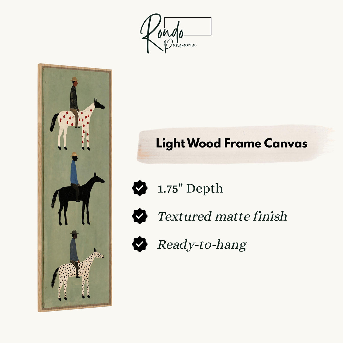 Three folk riders on spotted horses stacked vertically canvas print in a light wood floating frame
