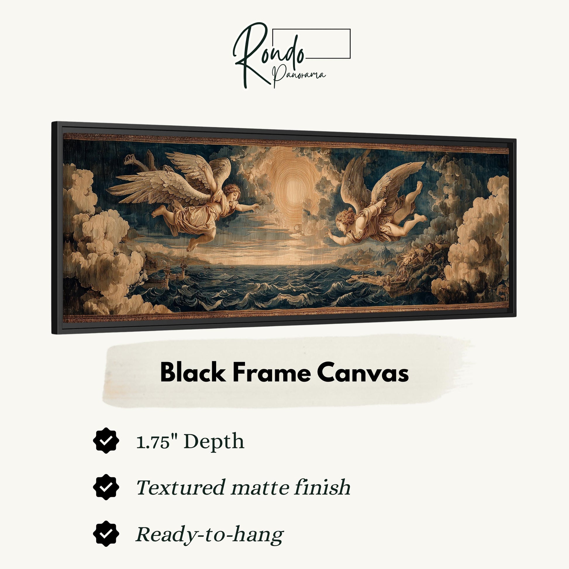 The image is a black frame canvas depicting a painting of two angels flying over a body of water.