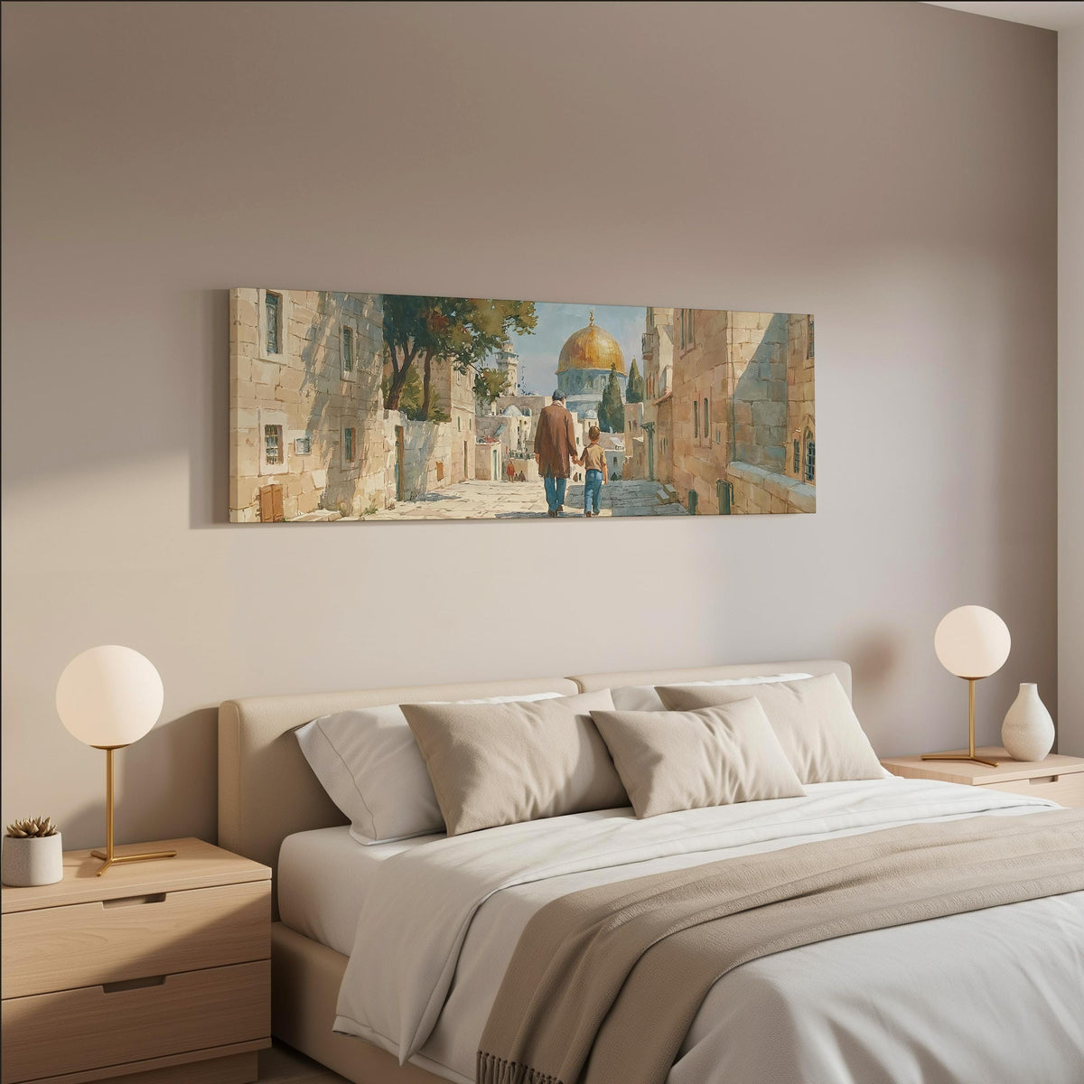 Jerusalem old city street with the golden dome wide panoramic canvas print above a bed in a neutral bedroom