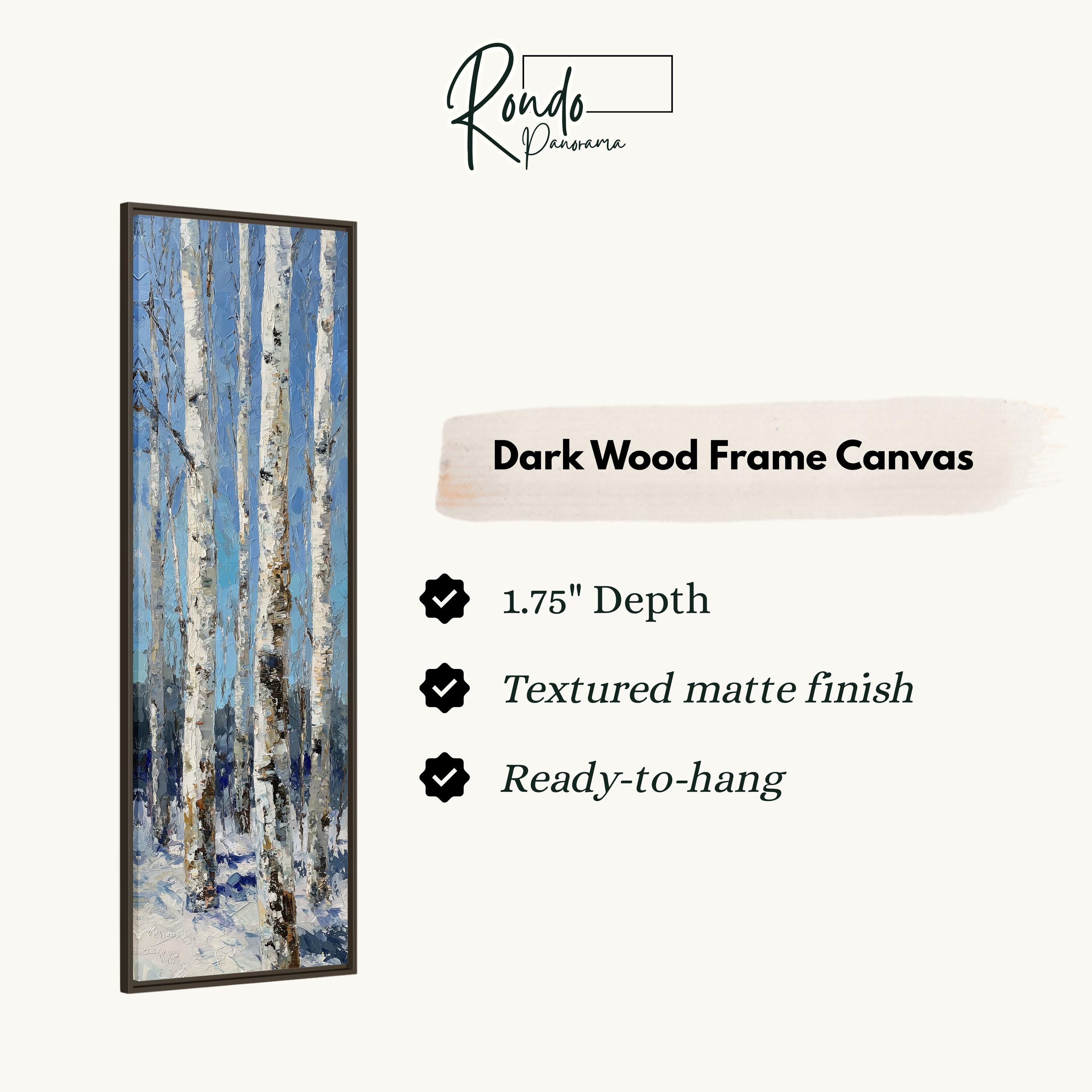 The image is a dark wood frame canvas featuring a painting of a snowy forest with tall trees.