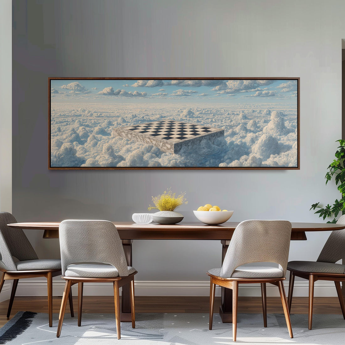 a large painting of a checkerboard on a wall above a wooden dining table with four chairs. The painting depicts a surreal scene of a checkerboard floating in the sky, surrounded by clouds.
