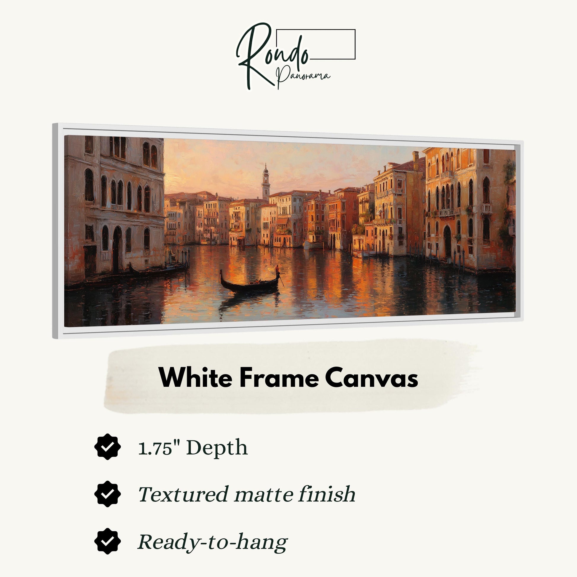 The image is a framed painting depicting a cityscape with a gondola on a canal.
