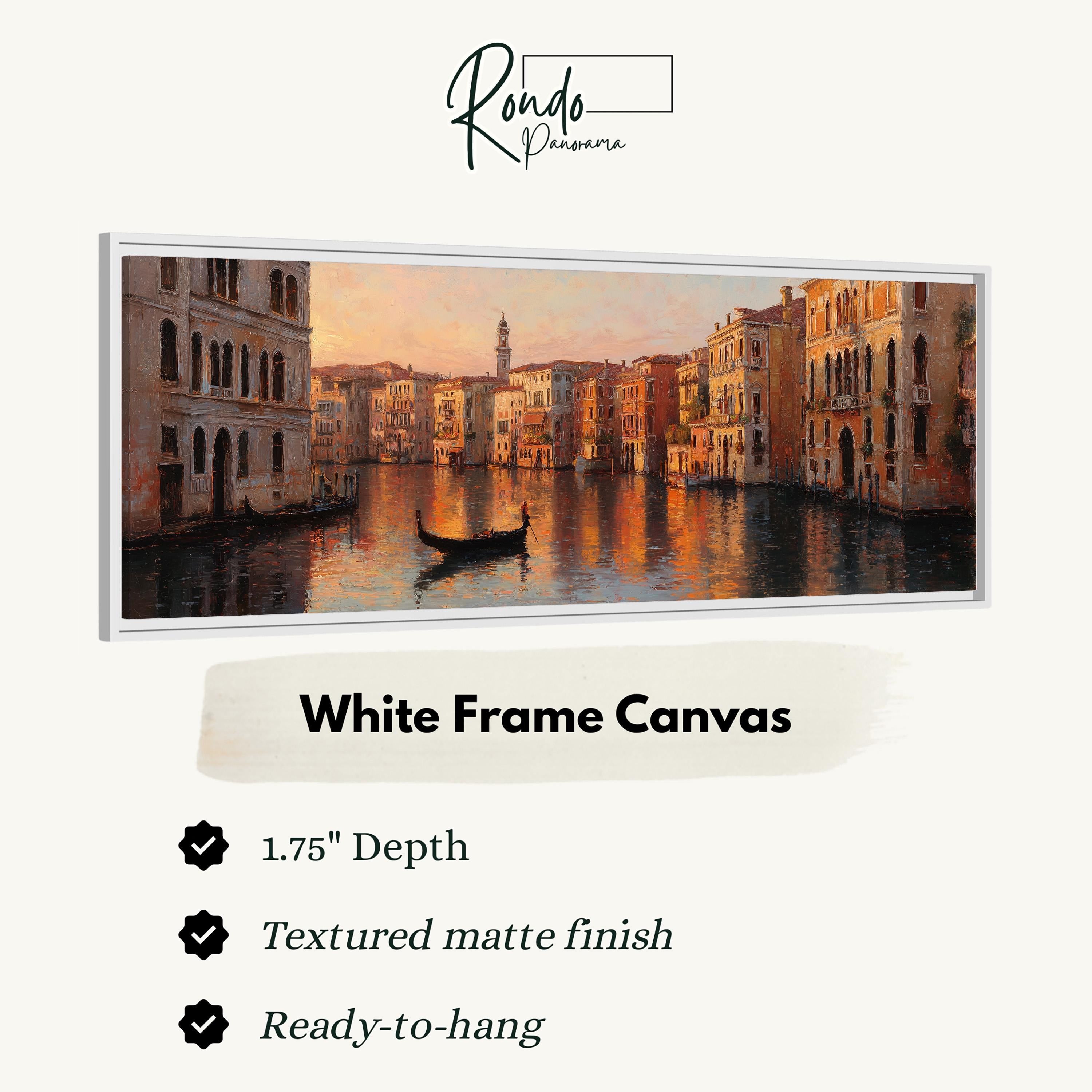 The image is a framed painting depicting a cityscape with a gondola on a canal.