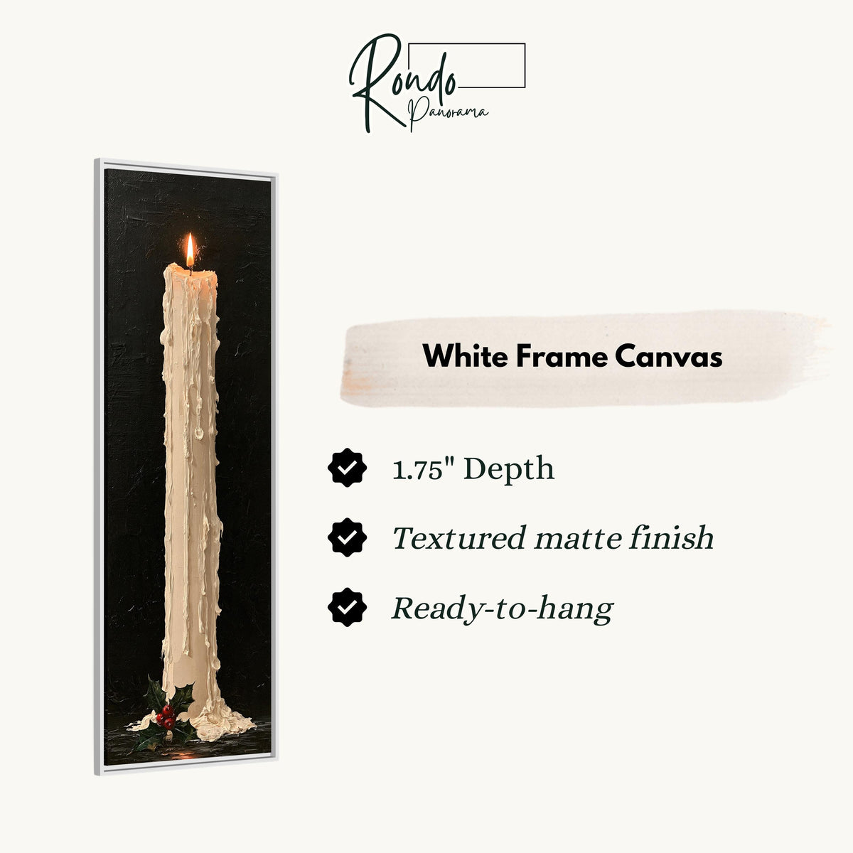 Tall dripping candle with holly canvas print in a white floating frame